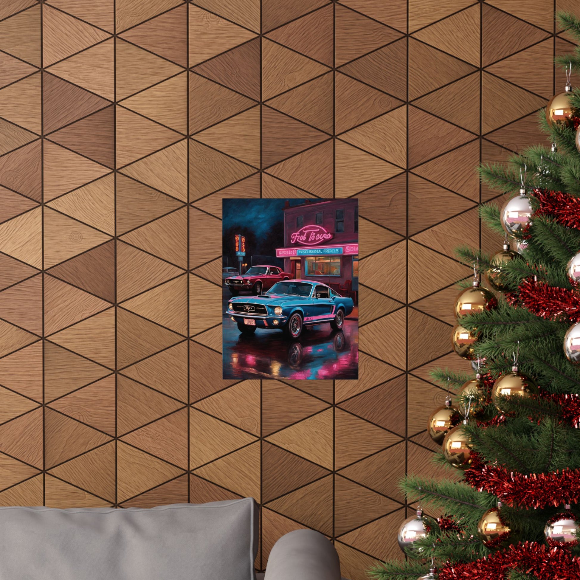Vintage muscle car wall art displayed on a geometric patterned wall with a Christmas tree nearby