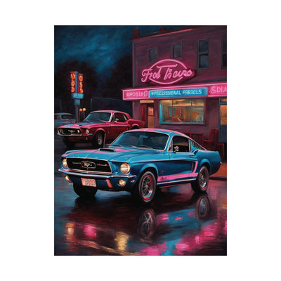 Vintage muscle car wall art featuring classic cars at a neon-lit diner setting