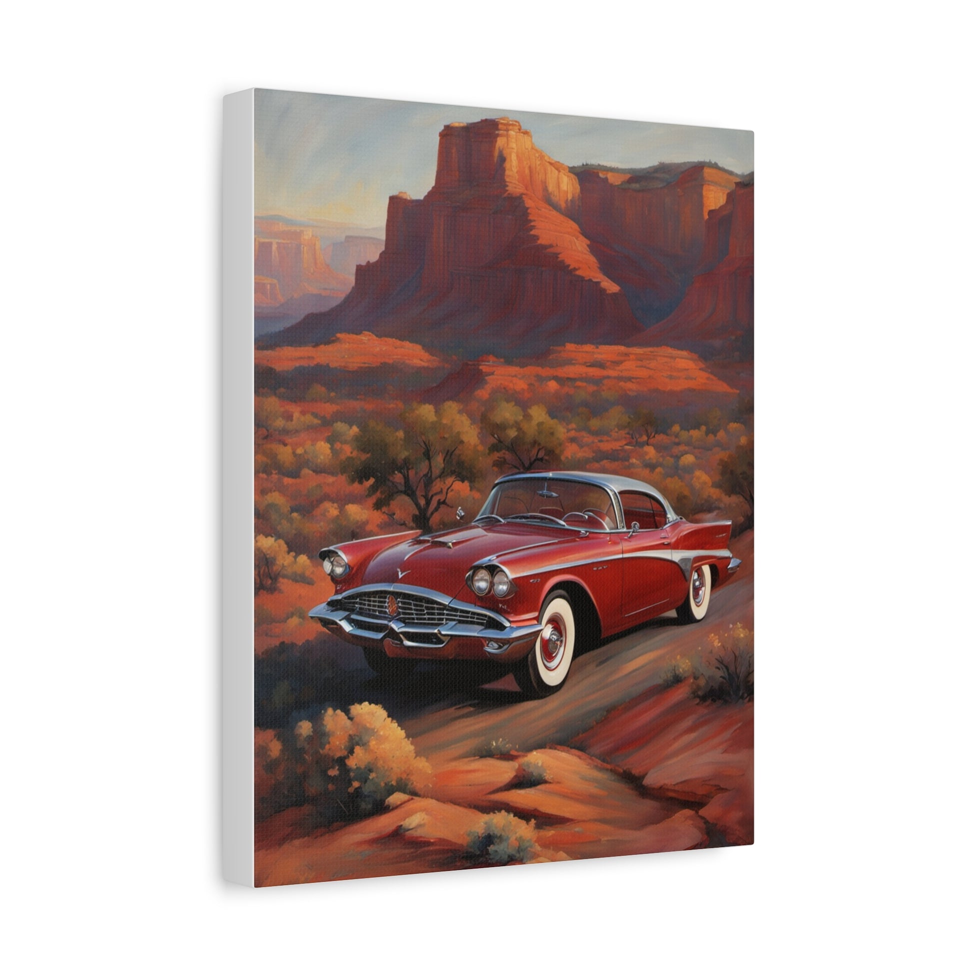 Vintage Red Car Matte Canvas Wall Art featuring a classic red car in a desert landscape