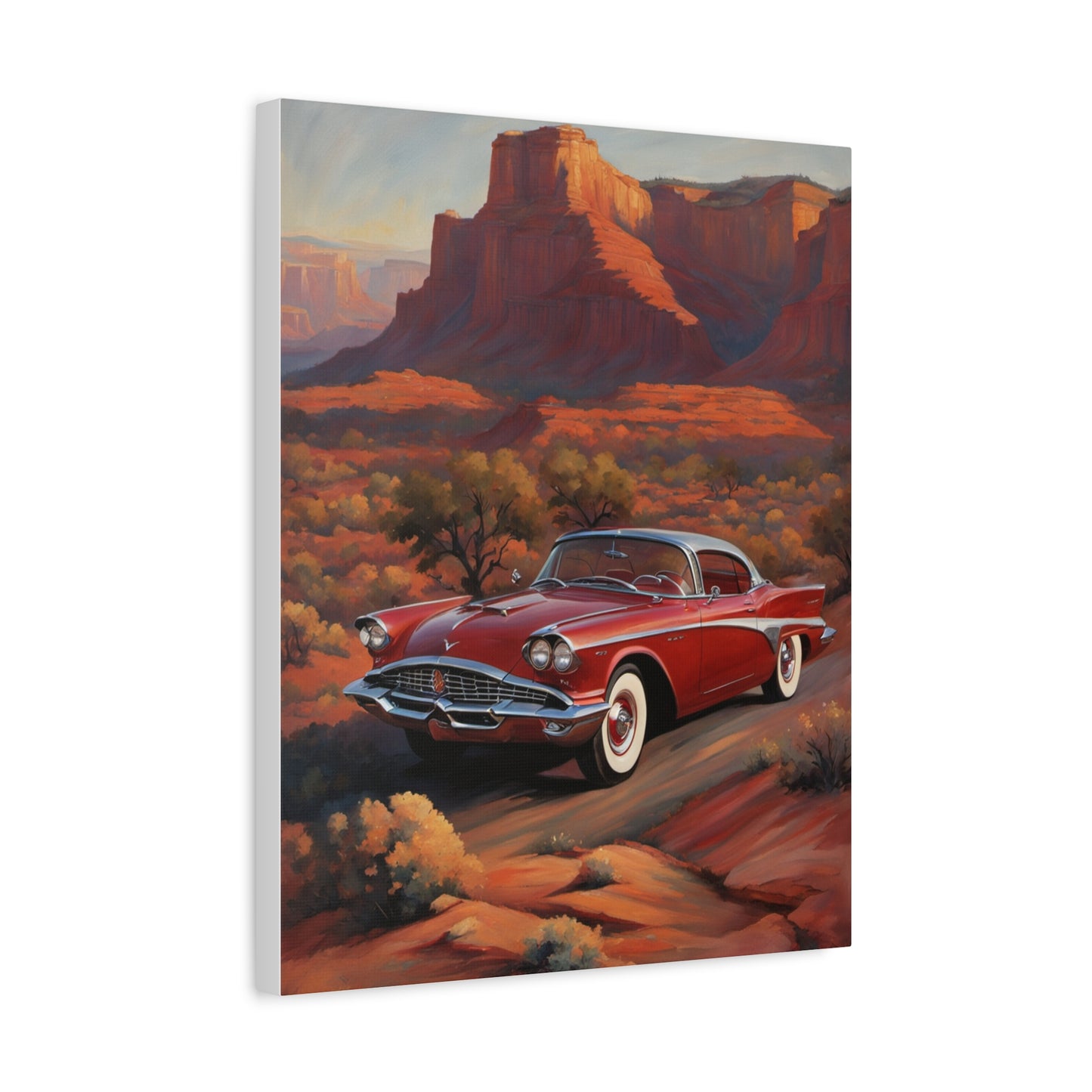 Vintage Red Car Matte Canvas Wall Art featuring a classic car against a desert landscape