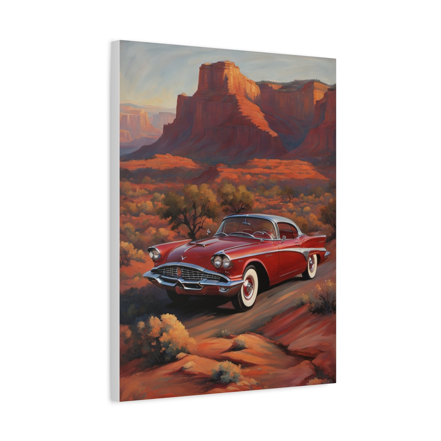 Vintage Red Car Matte Canvas Wall Art featuring a classic car in a scenic desert landscape