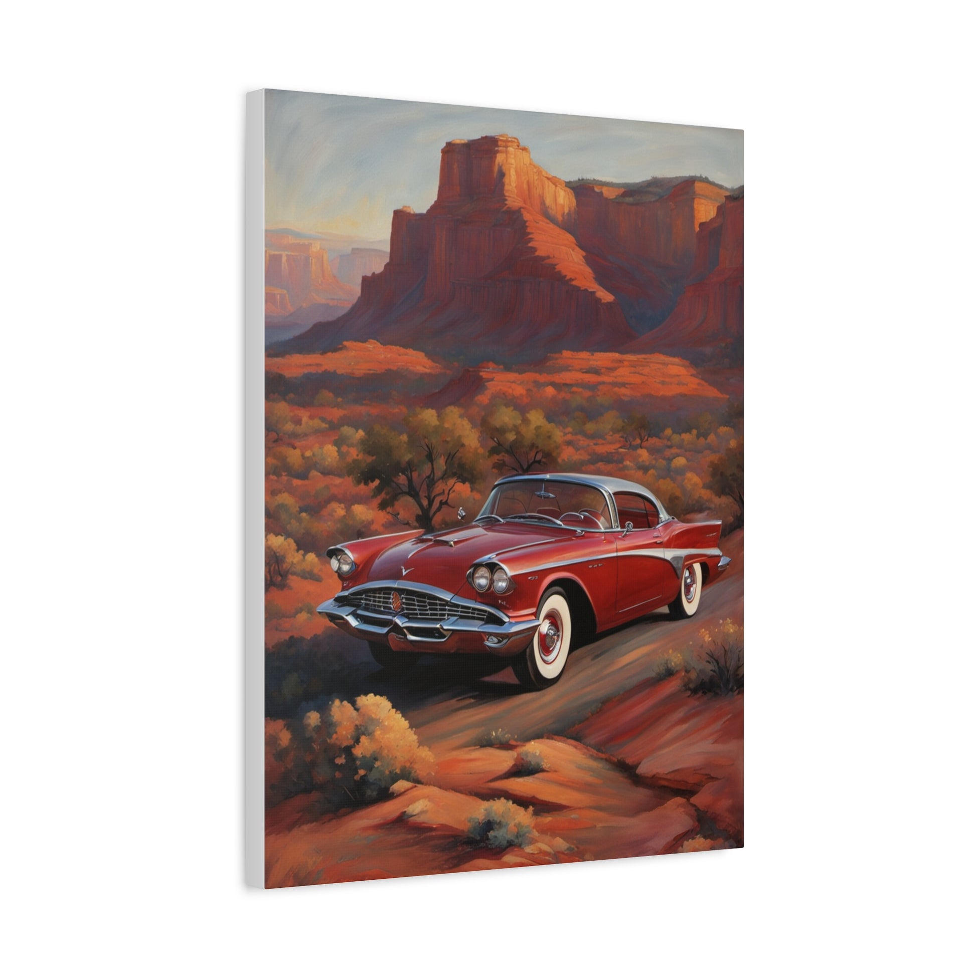 Vintage Red Car Matte Canvas Wall Art featuring a classic car in a scenic desert landscape
