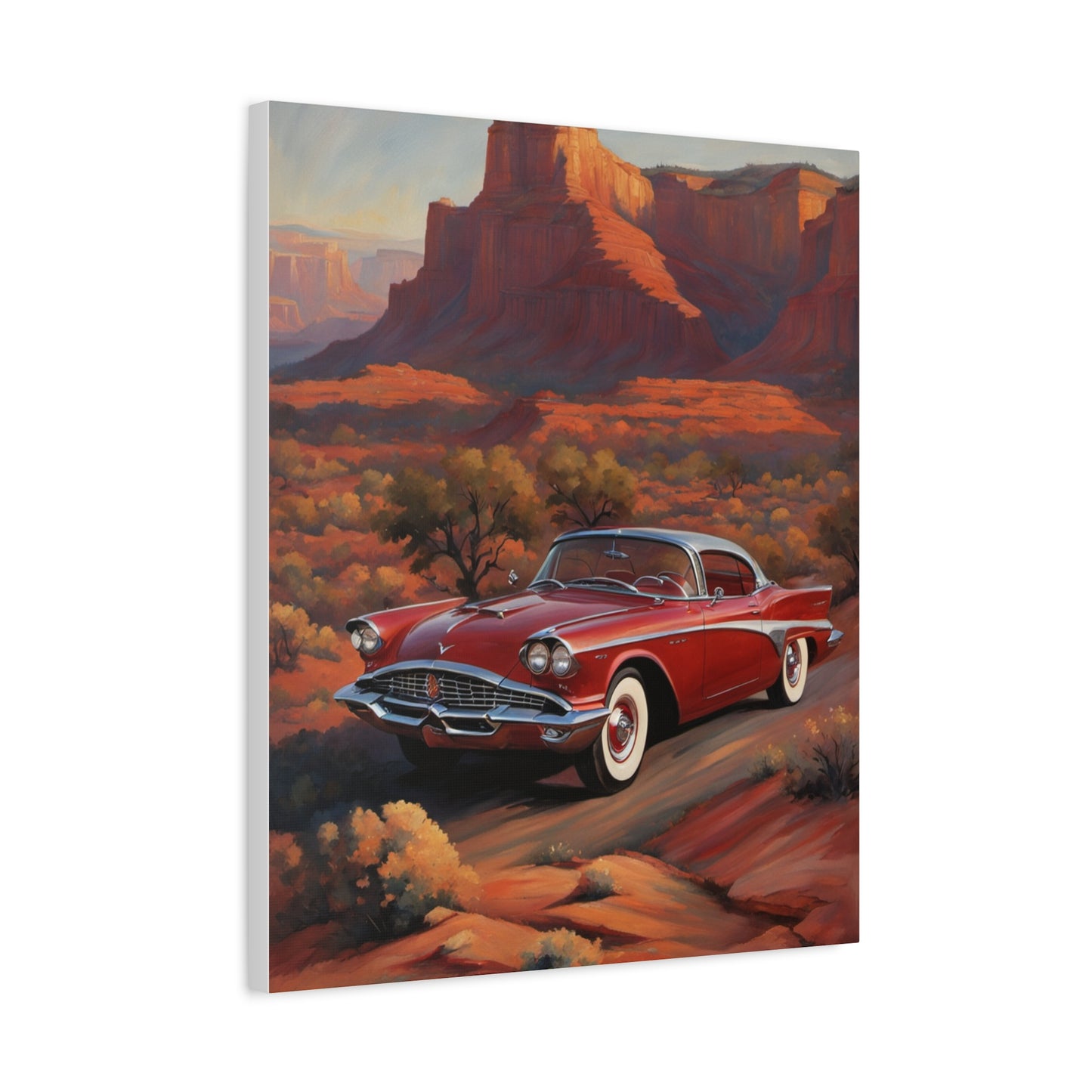 Vintage Red Car Matte Canvas Wall Art featuring a classic car in a scenic landscape