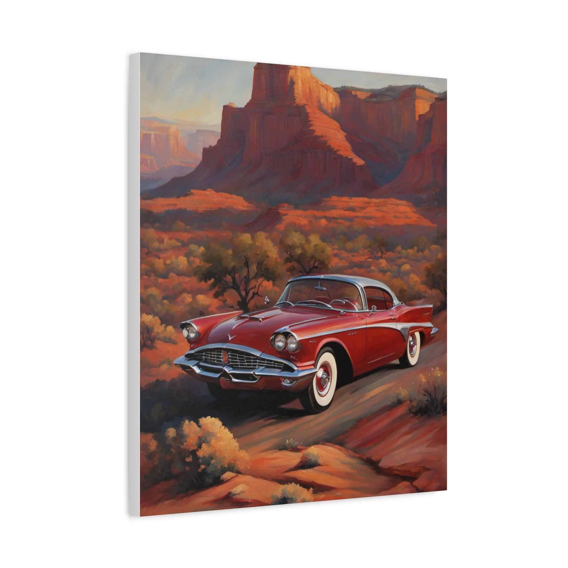 Vintage Red Car Matte Canvas Wall Art featuring a classic car in a scenic landscape