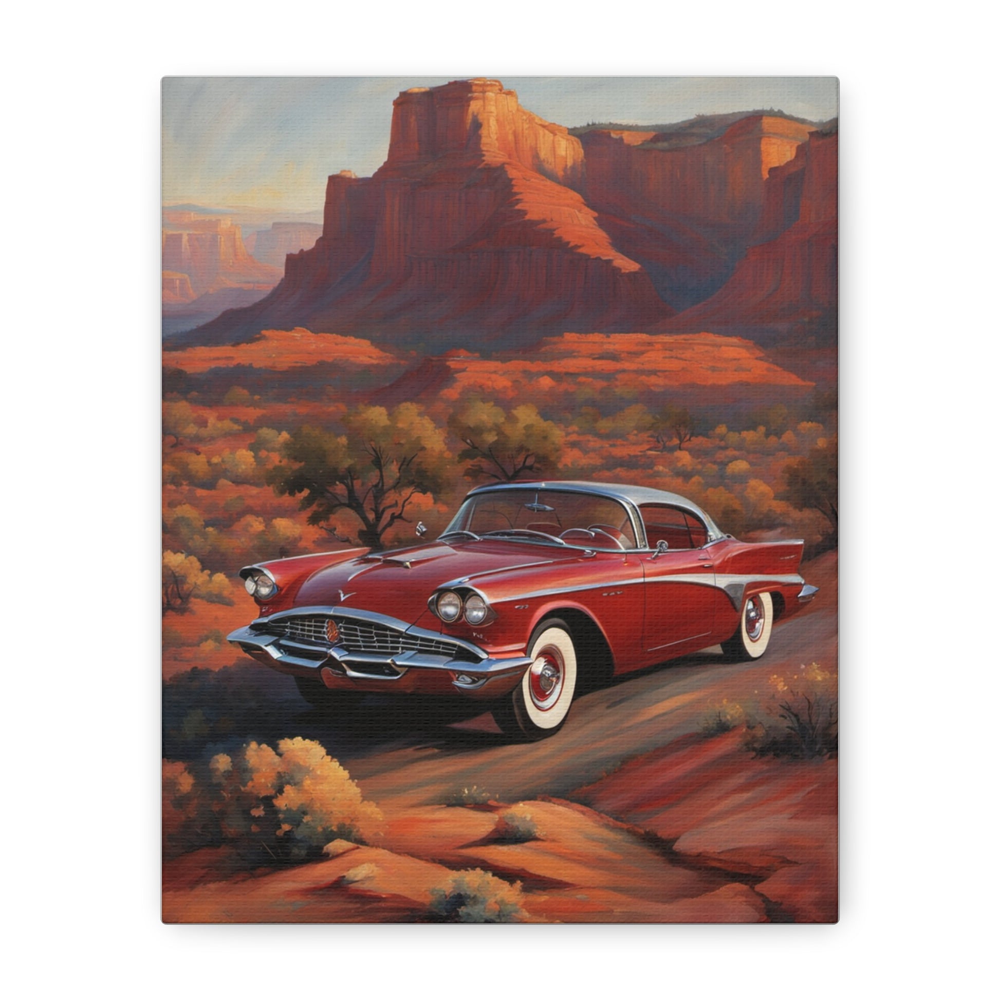 Vintage Red Car Matte Canvas Wall Art featuring a classic red car in a scenic desert landscape