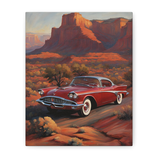 Vintage Red Car Matte Canvas Wall Art featuring a classic red car in a scenic desert landscape