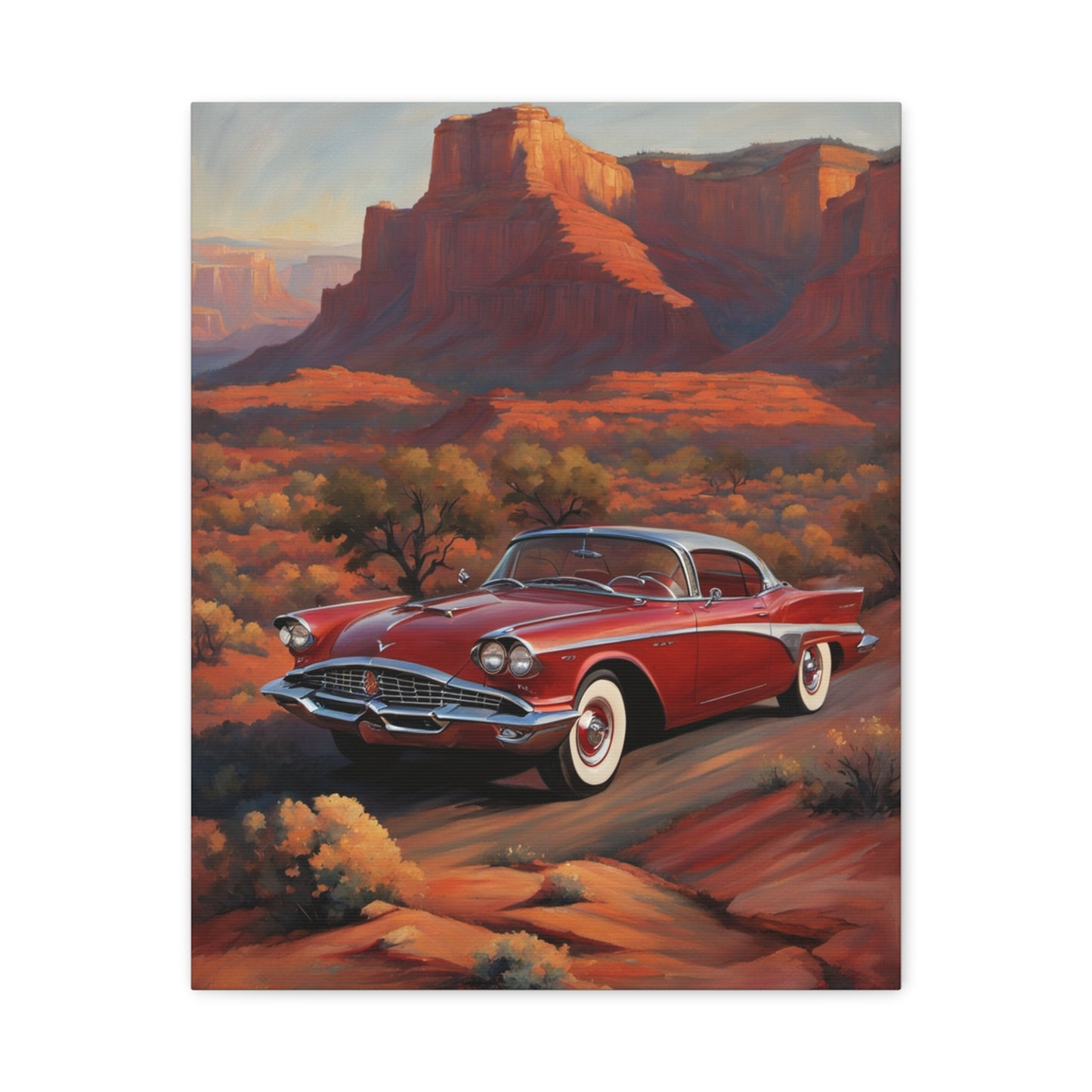 Old Red Car Matte Canvas Wall Art featuring a classic car in a scenic desert landscape