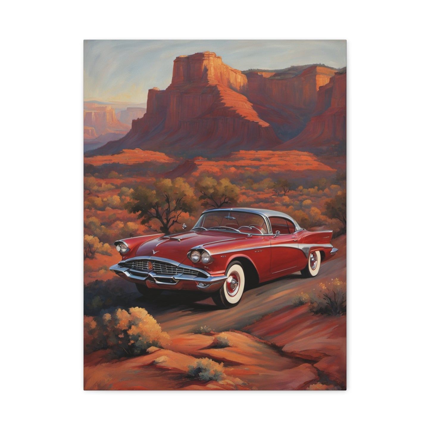 Vintage Red Car Matte Canvas Wall Art showcasing a classic car in a scenic landscape