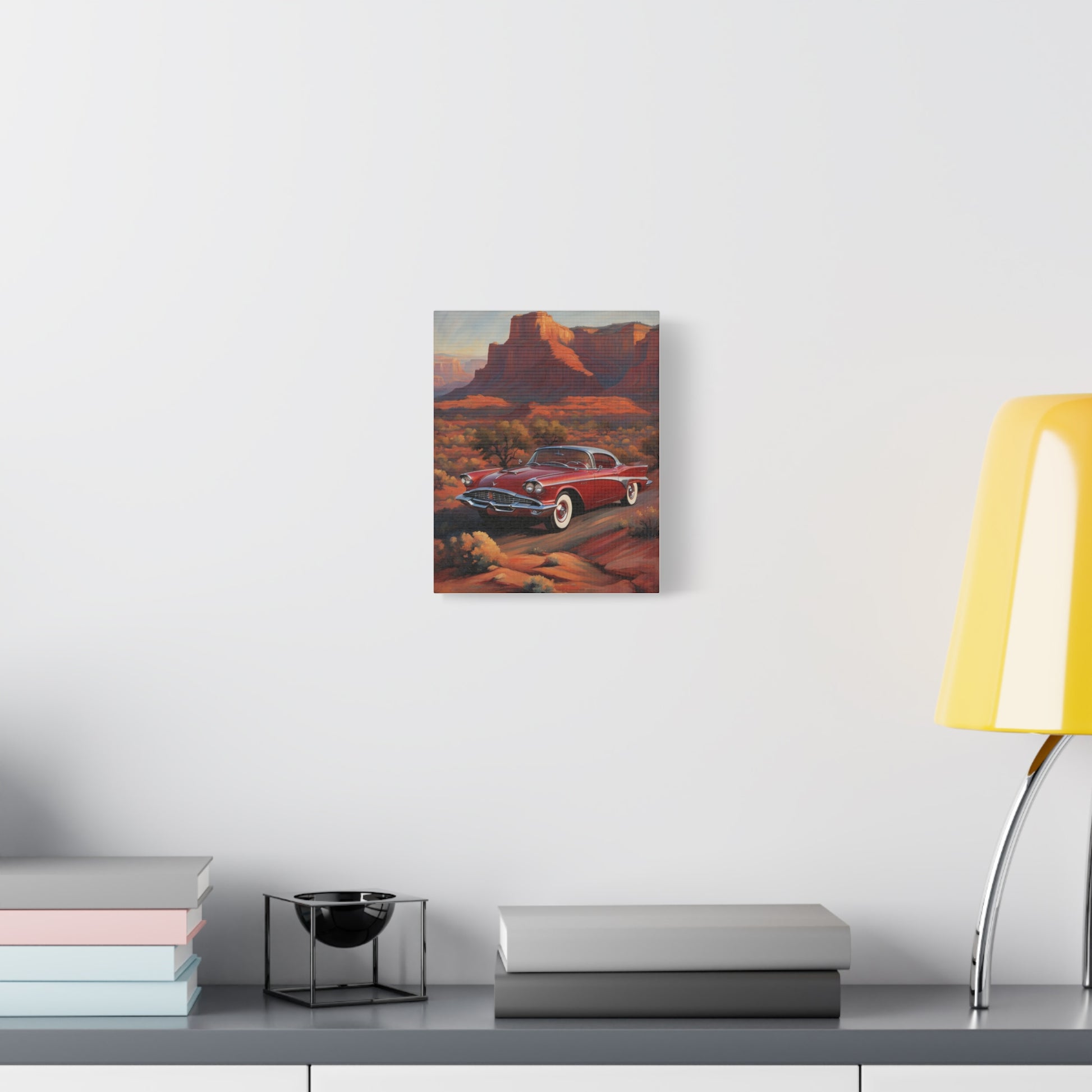 Vintage Red Car Matte Canvas Wall Art showcasing a classic car in a scenic desert landscape