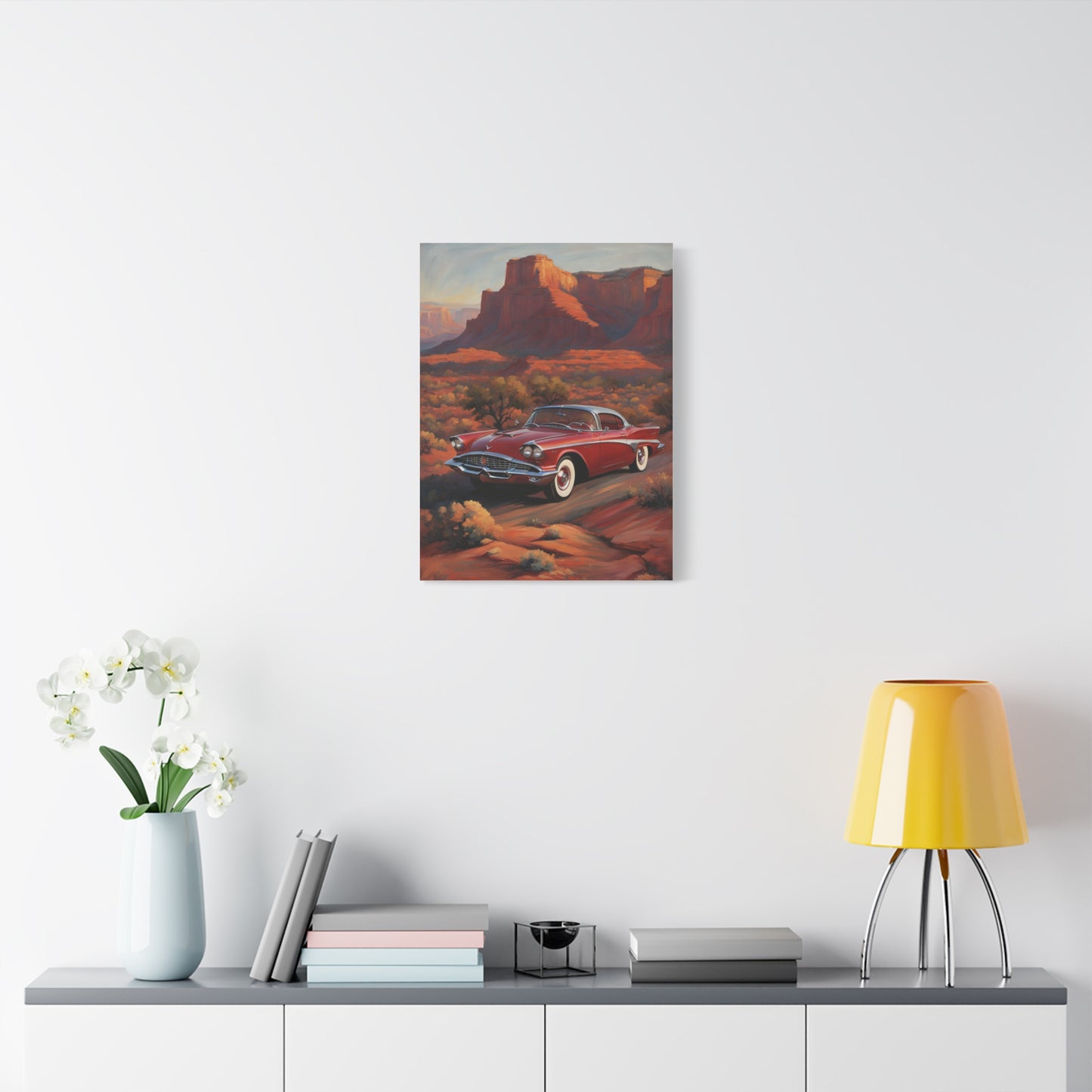 Retro Red Car Matte Canvas Wall Art featuring a classic car in a desert landscape