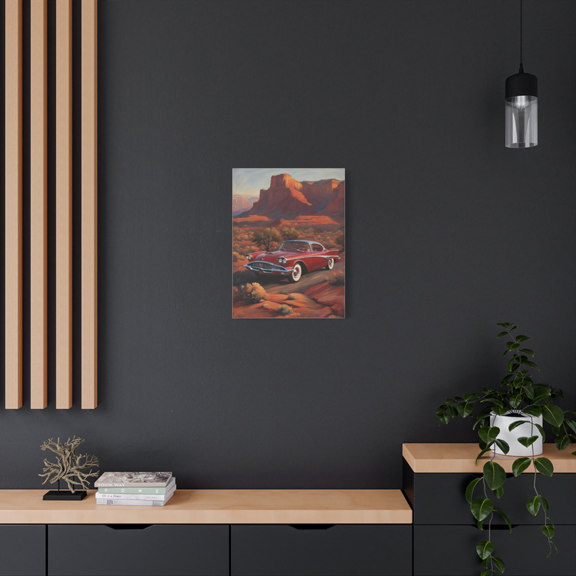 Vintage Red Car Matte Canvas Wall Art displayed in a modern living space with minimalist decor