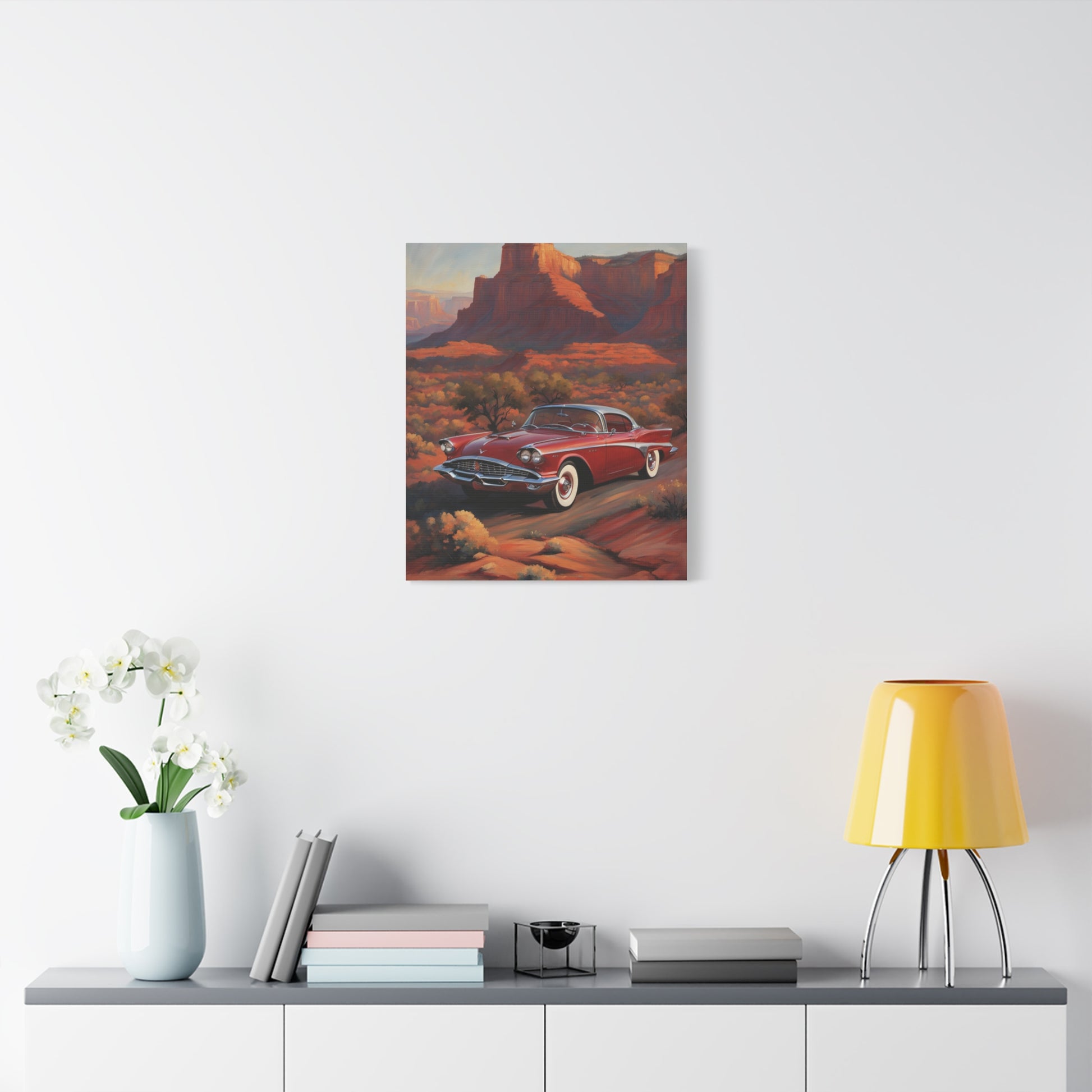Vintage Red Car Matte Canvas Wall Art featuring a classic car in a desert landscape