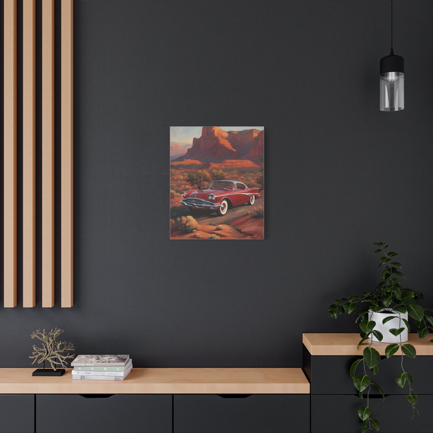 Vintage Red Car Matte Canvas Wall Art displayed on a modern black wall with wooden accents