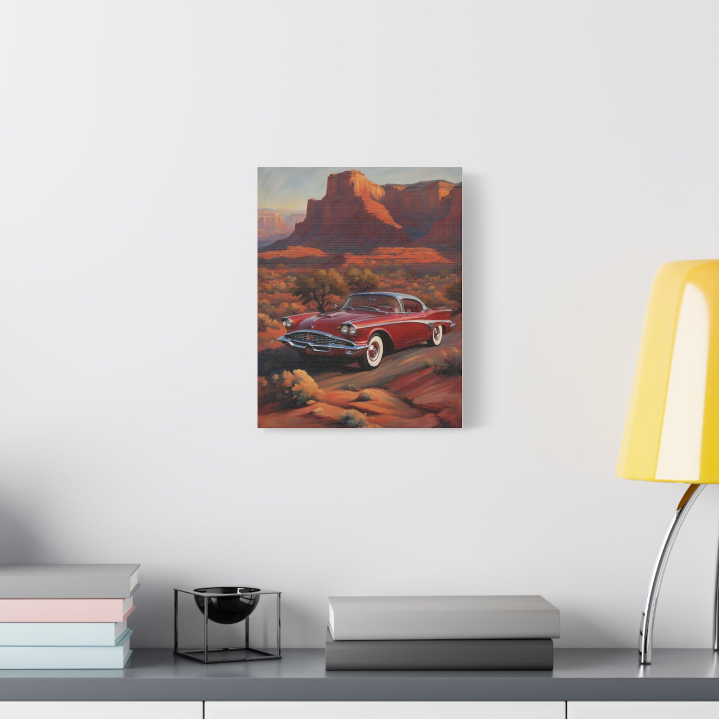 Classic Red Car Matte Canvas Wall Art featuring a classic car in a desert landscape