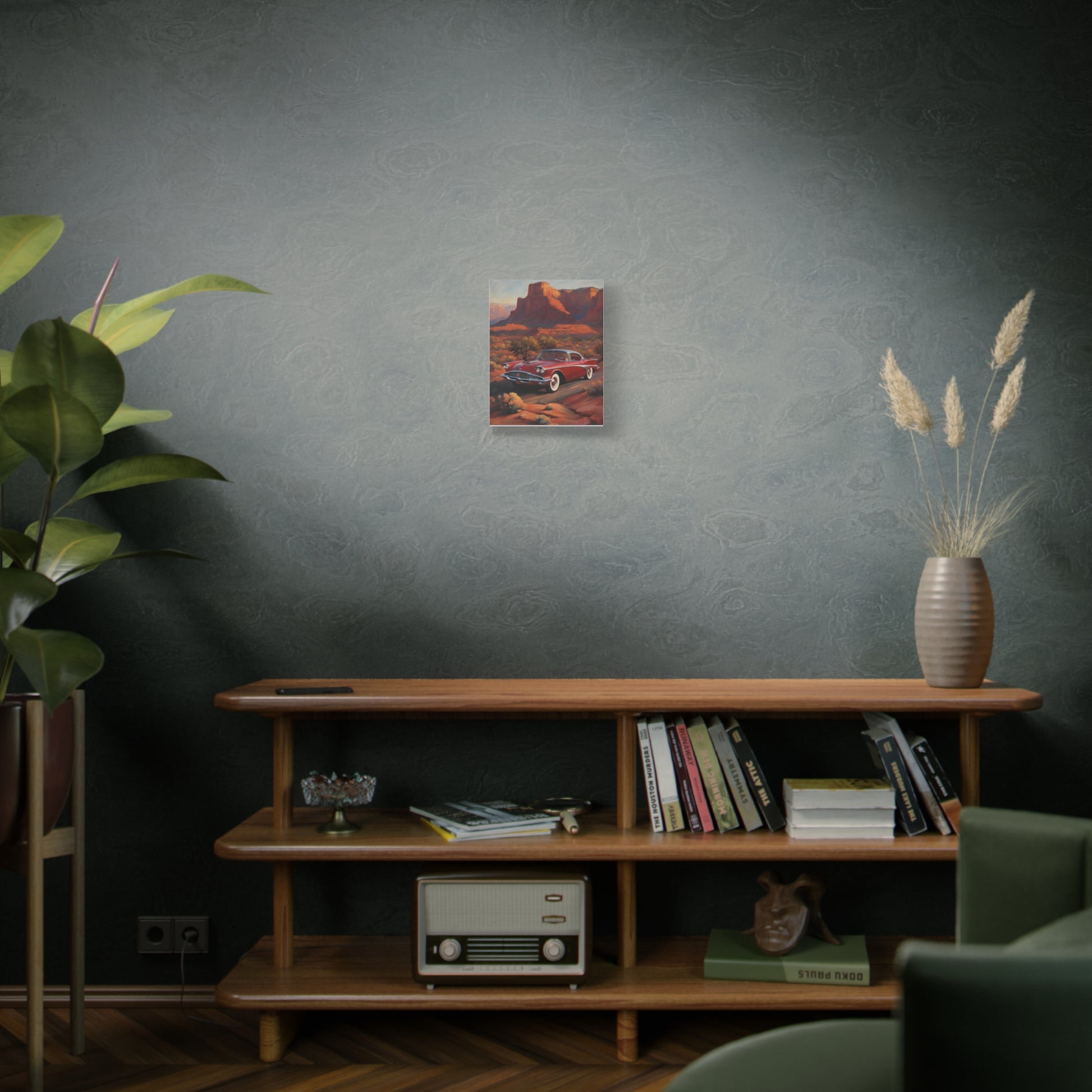 Vintage Red Car Matte Canvas Wall Art displayed on a living room wall with plants and shelves
