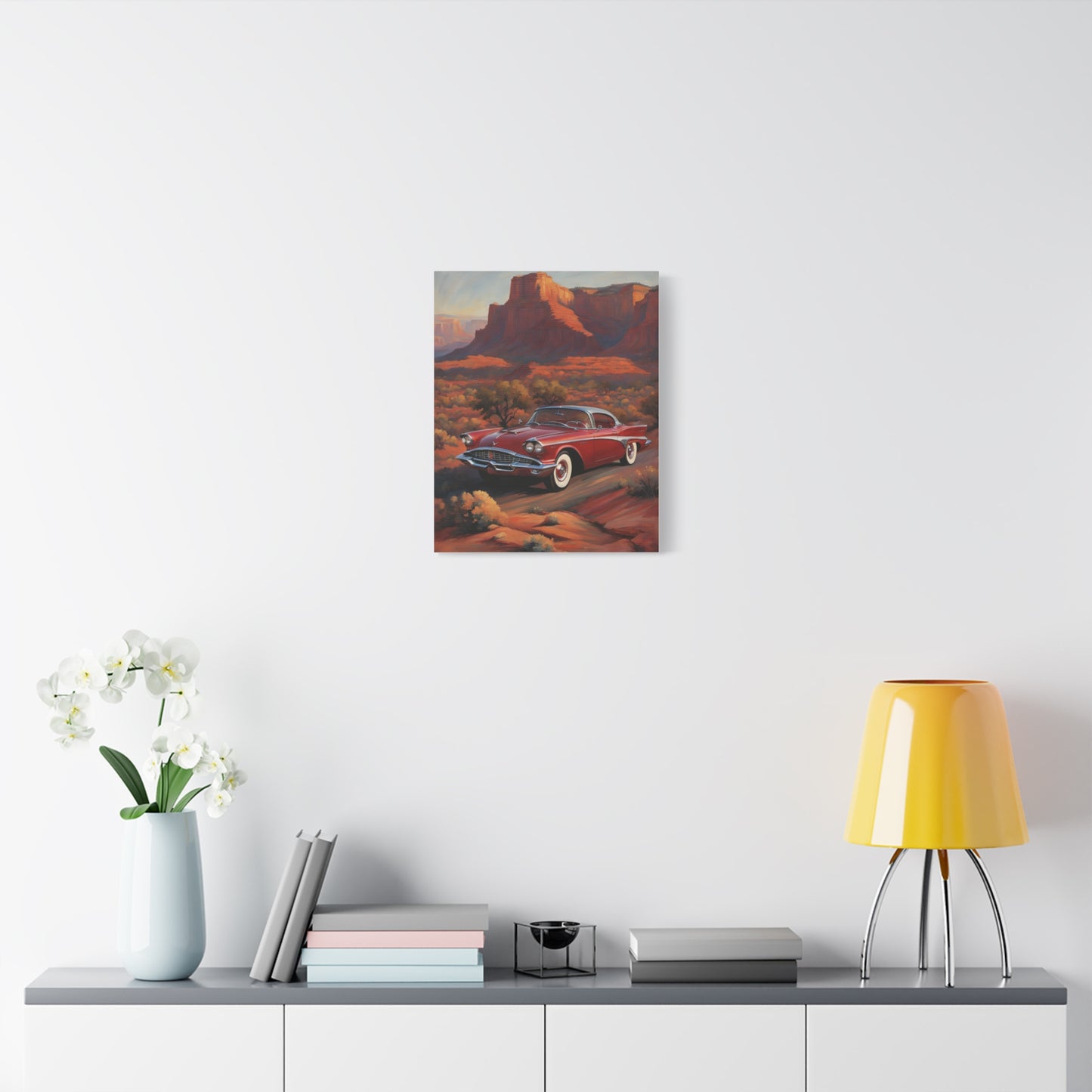 Vintage Red Car Matte Canvas Wall Art featuring a scenic desert landscape and retro automobile