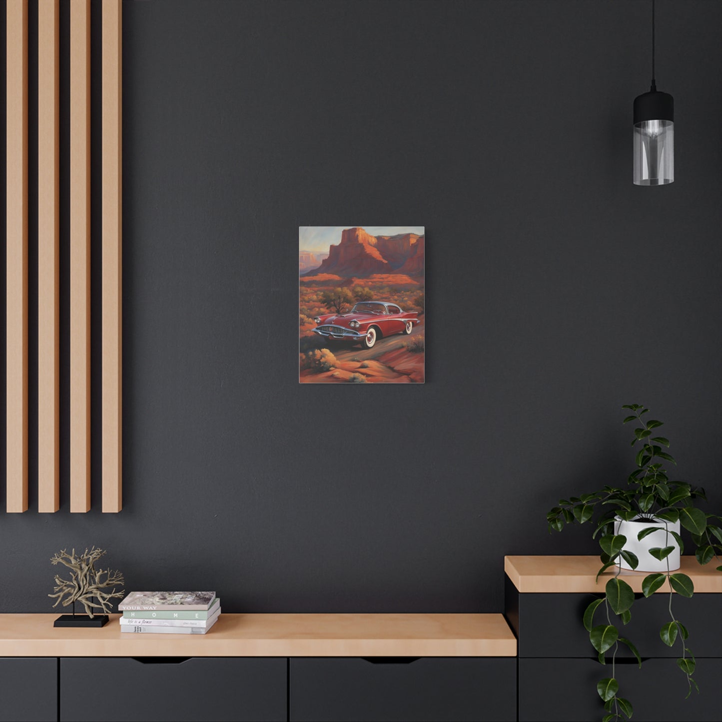 Vintage Red Car Matte Canvas Wall Art displayed on a modern wall in a stylish living room setting