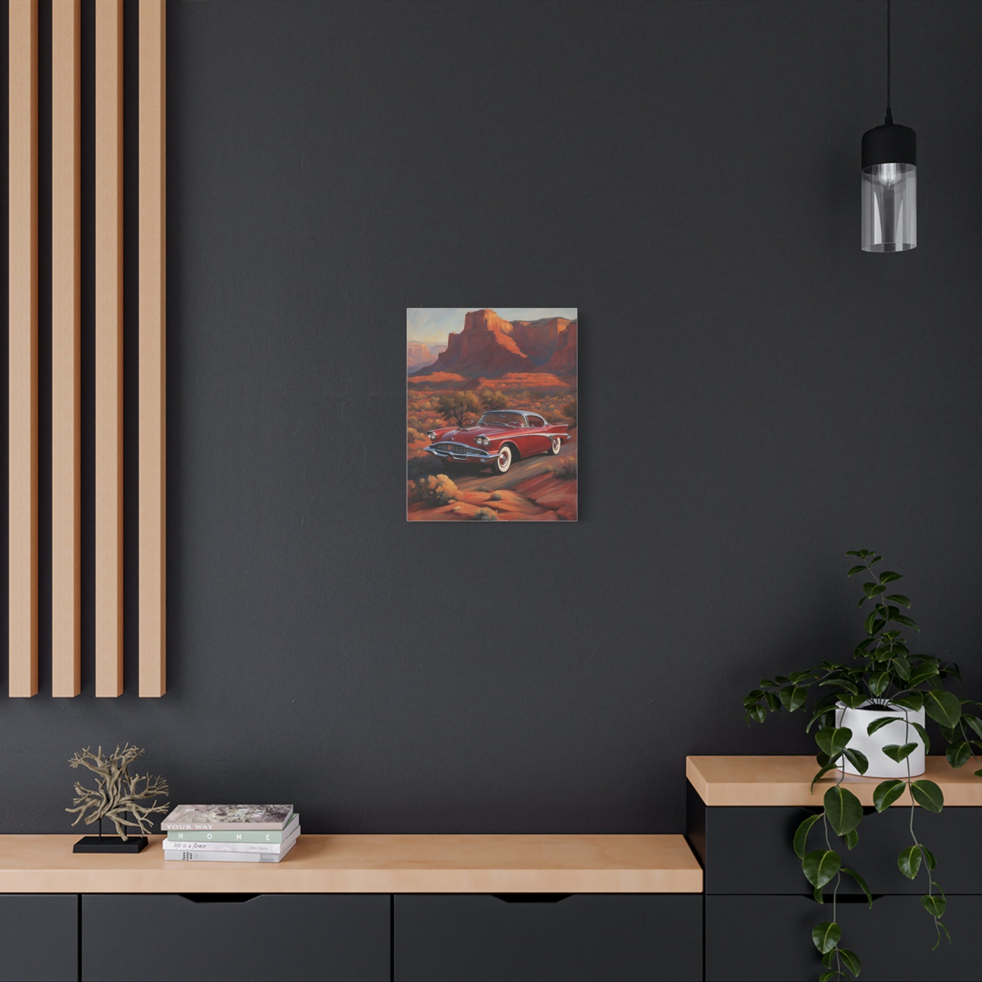 Vintage Red Car Matte Canvas Wall Art displayed on a modern wall in a stylish living room setting