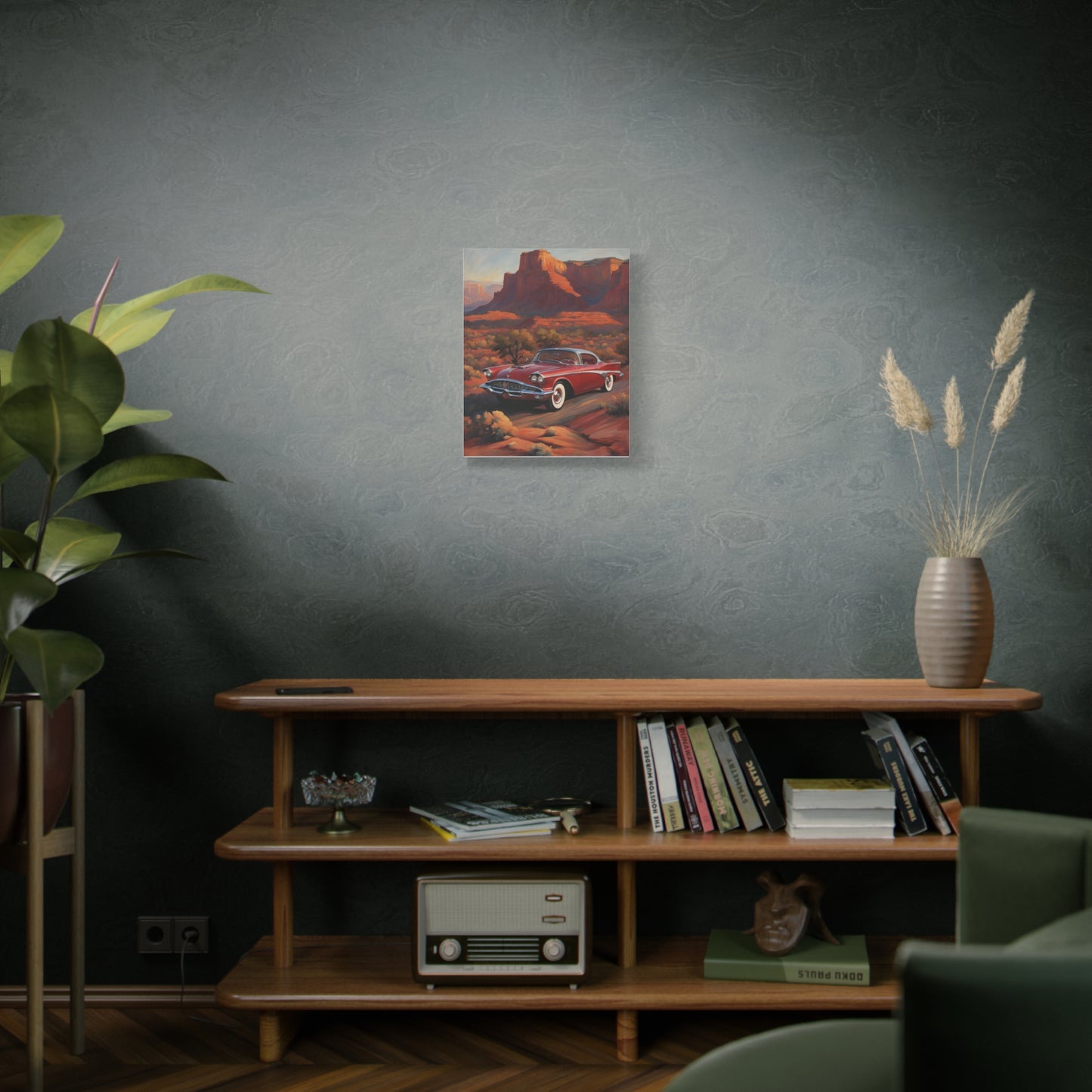 Vintage Red Car Matte Canvas Wall Art displayed on a wooden shelf in a stylish living room