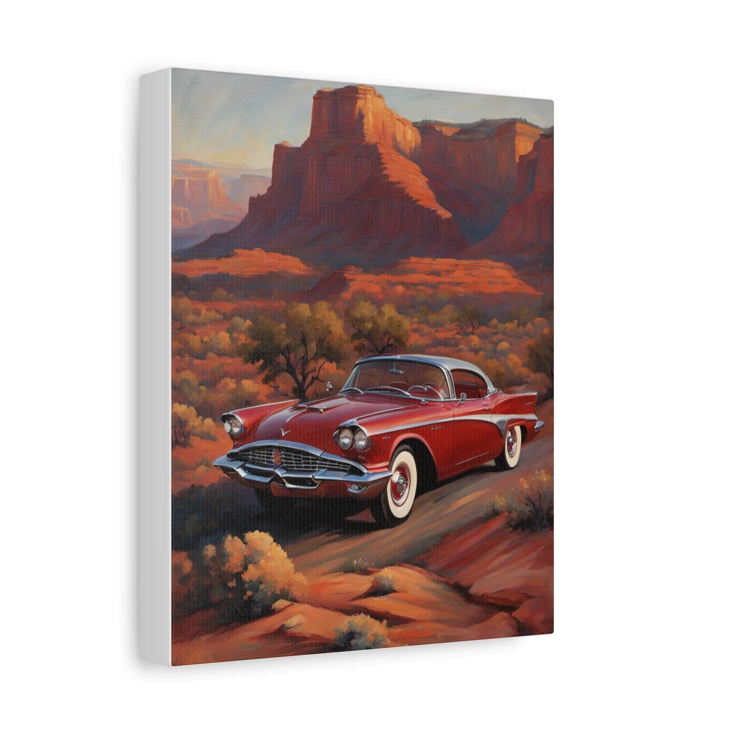 Classic Red Car Matte Canvas Wall Art featuring a classic car in a scenic desert landscape