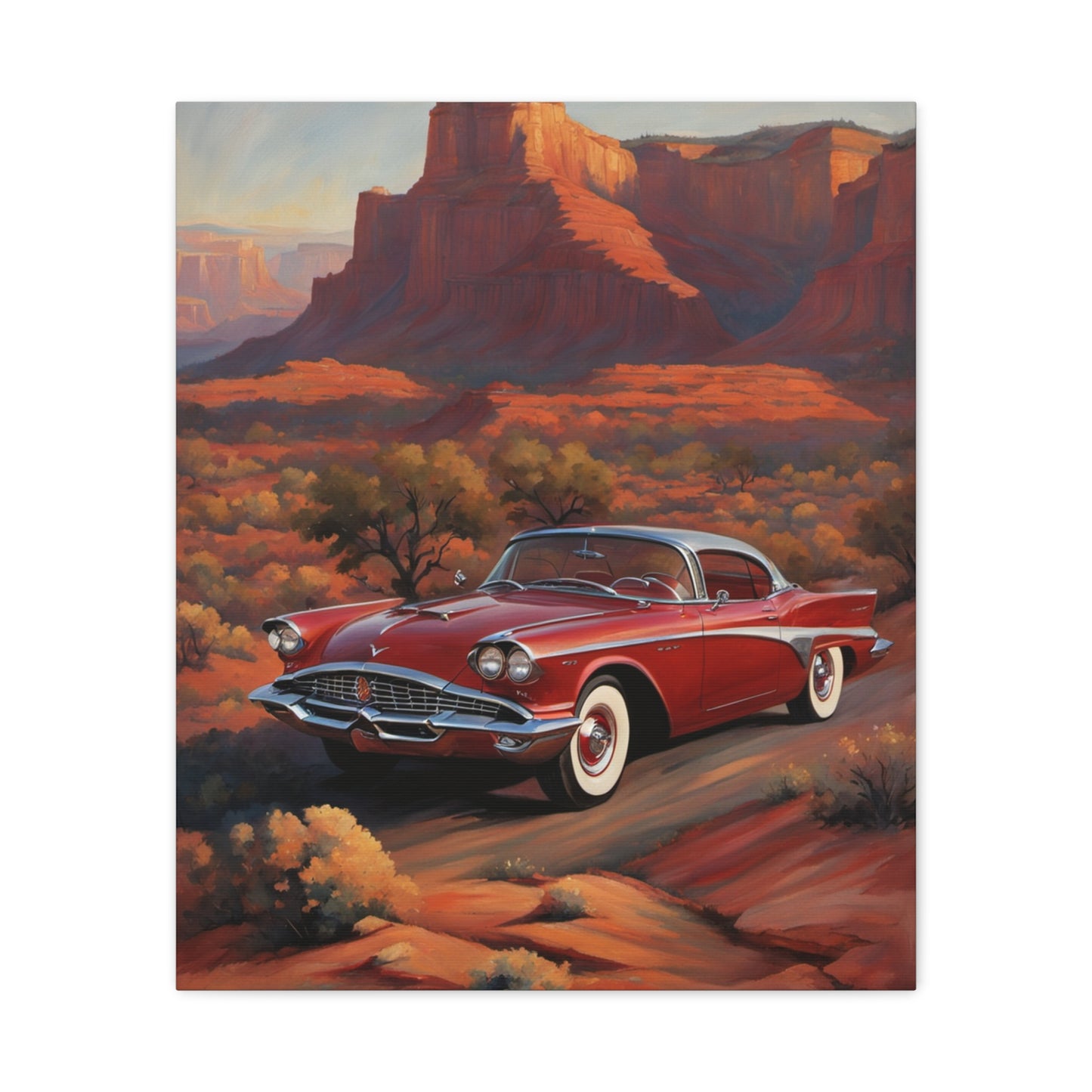 Nostalgic Red Car Matte Canvas Wall Art featuring a classic car in a desert landscape