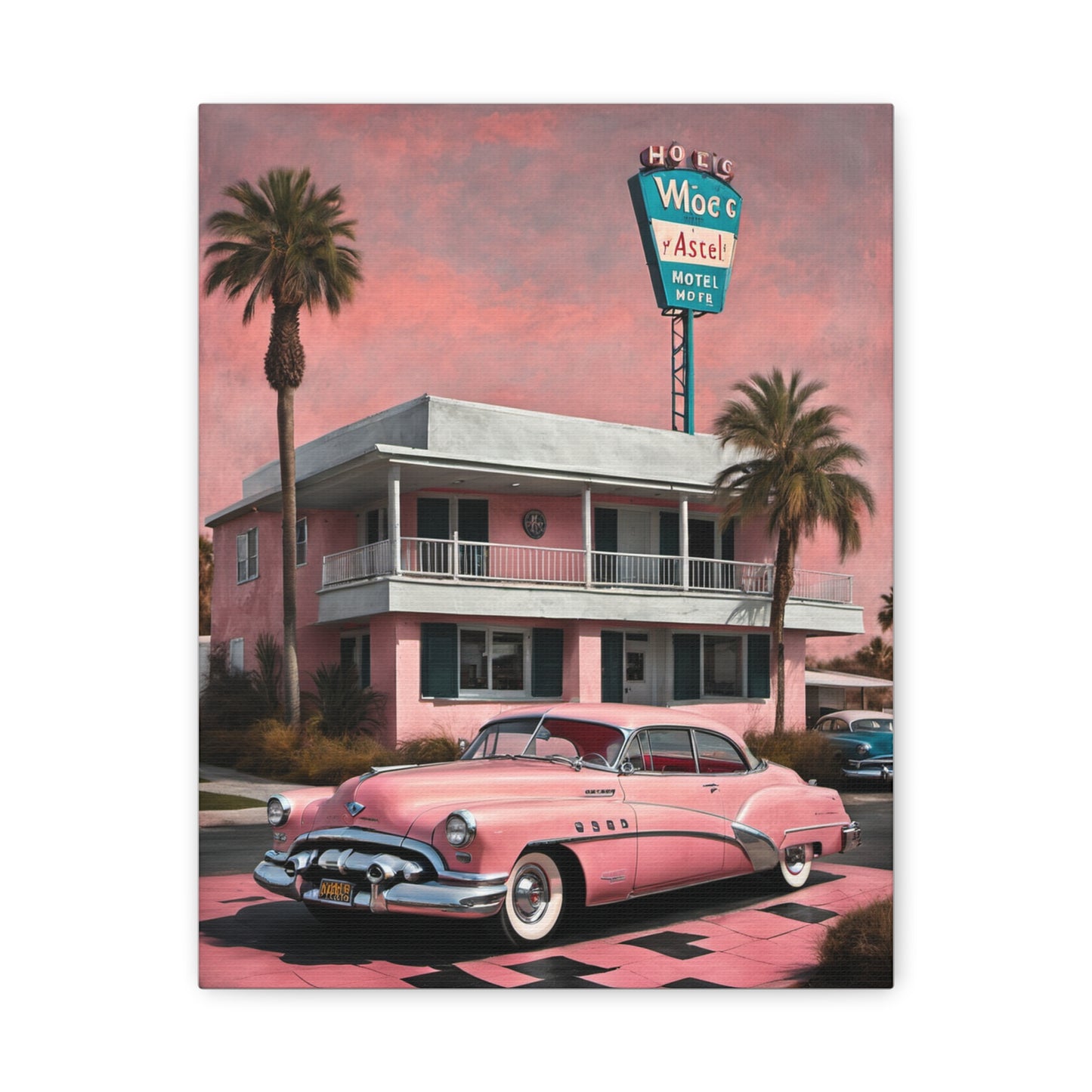 Vintage Retro Canvas Art Print featuring a pink classic car outside a retro hotel with palm trees