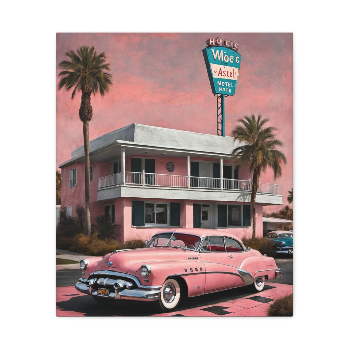 Vintage Retro Canvas Art Print featuring a classic pink car in front of a pink hotel with palm trees