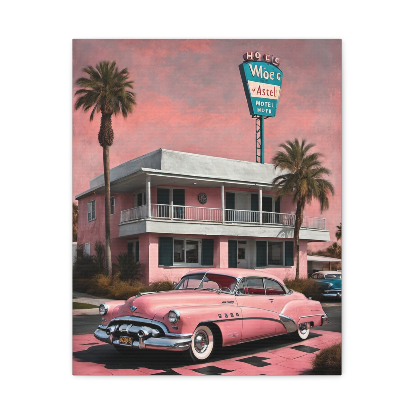 Vintage Retro Canvas Art Print featuring a classic pink car in front of a retro hotel with palm trees