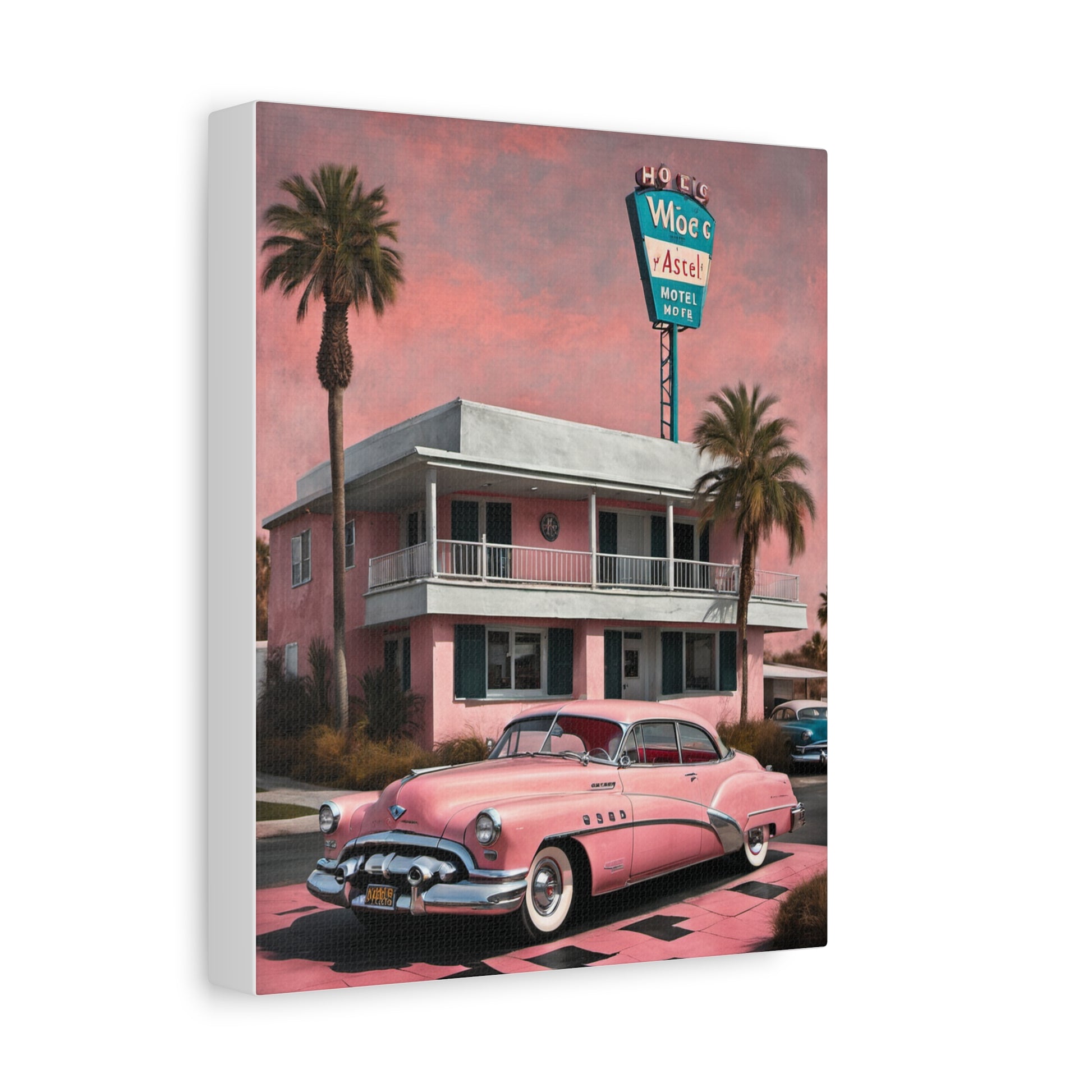 Vintage Retro Canvas Art Print featuring a retro pink car in front of a pastel hotel with palm trees