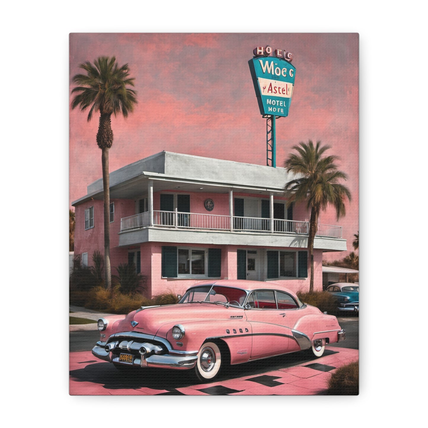Vintage Retro Canvas Art Print featuring a old  pink car in front of a retro hotel with palm trees