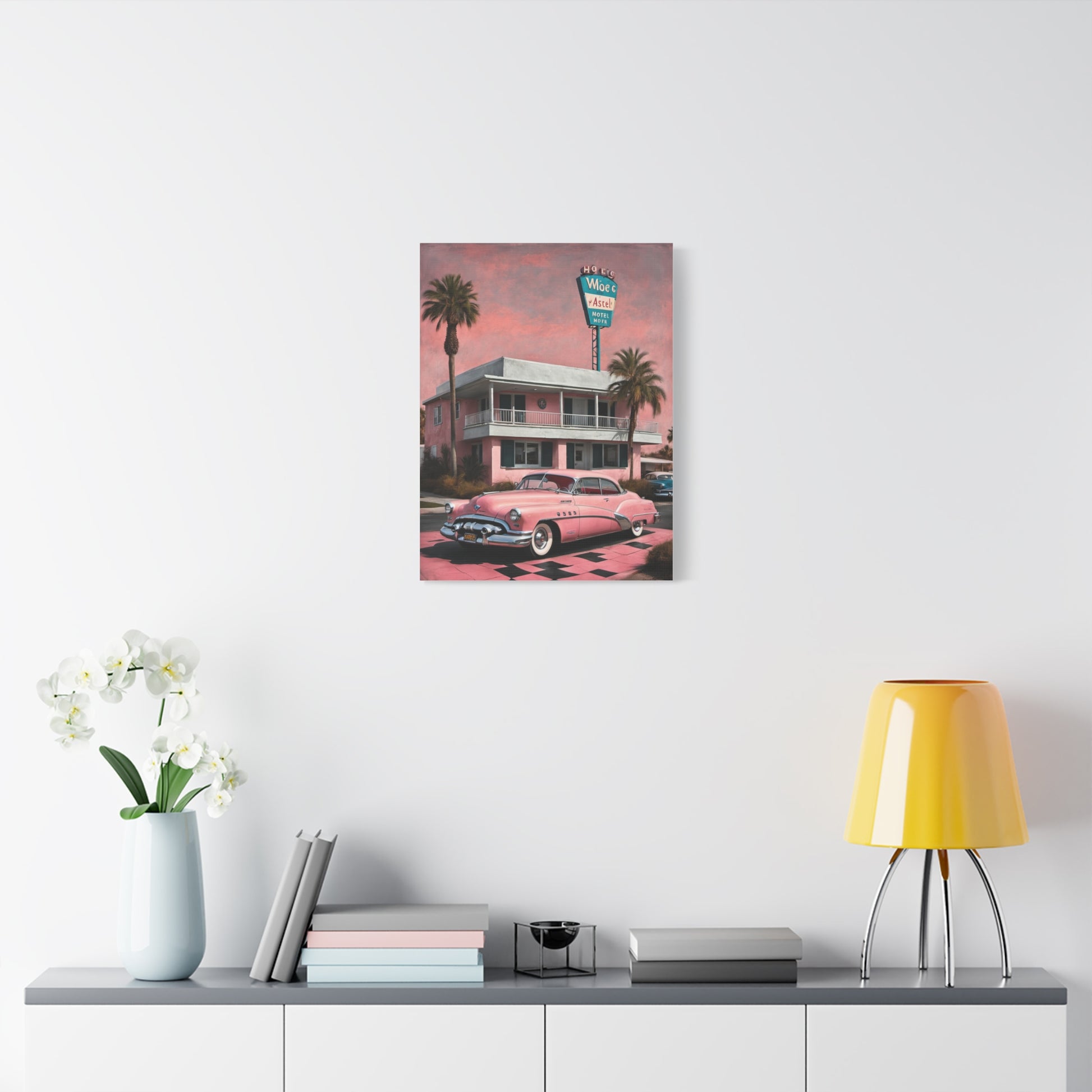 Vintage Retro Canvas Art Print of a pink car in front of a classic house with palm trees