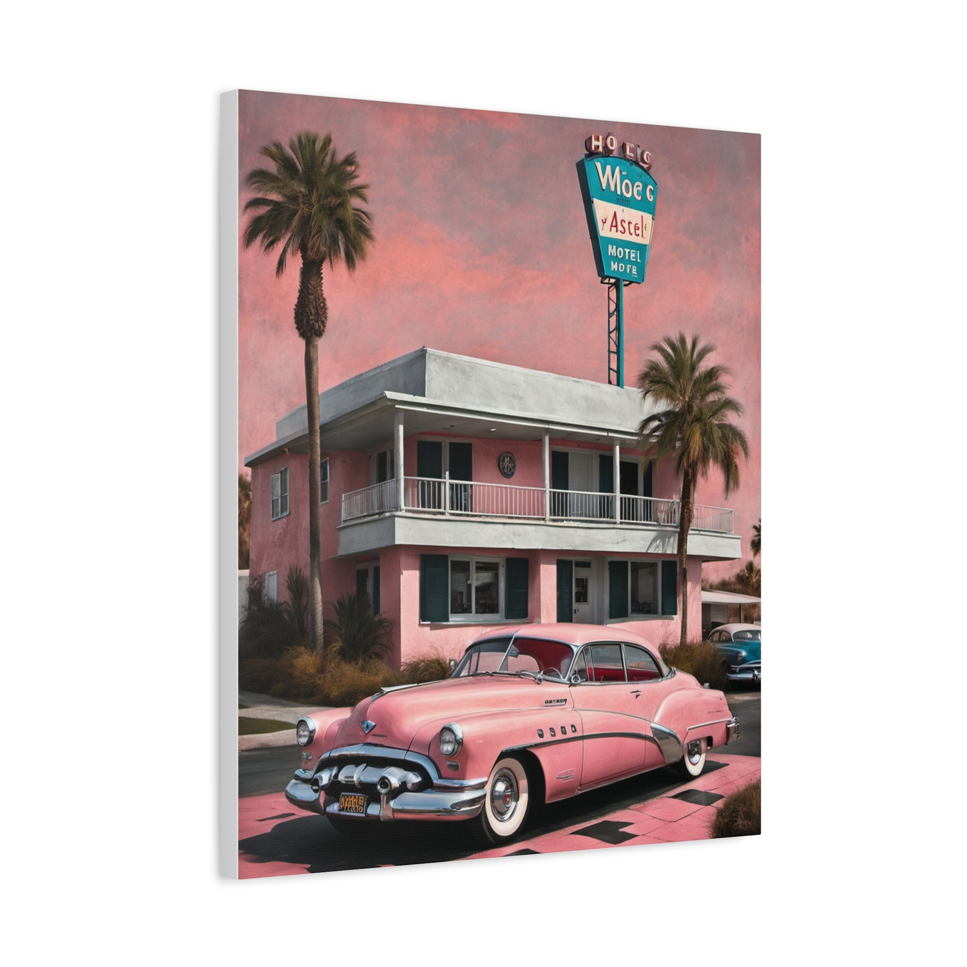 Vintage Retro Canvas Art Print featuring a classic car in front of a nostalgic pink motel