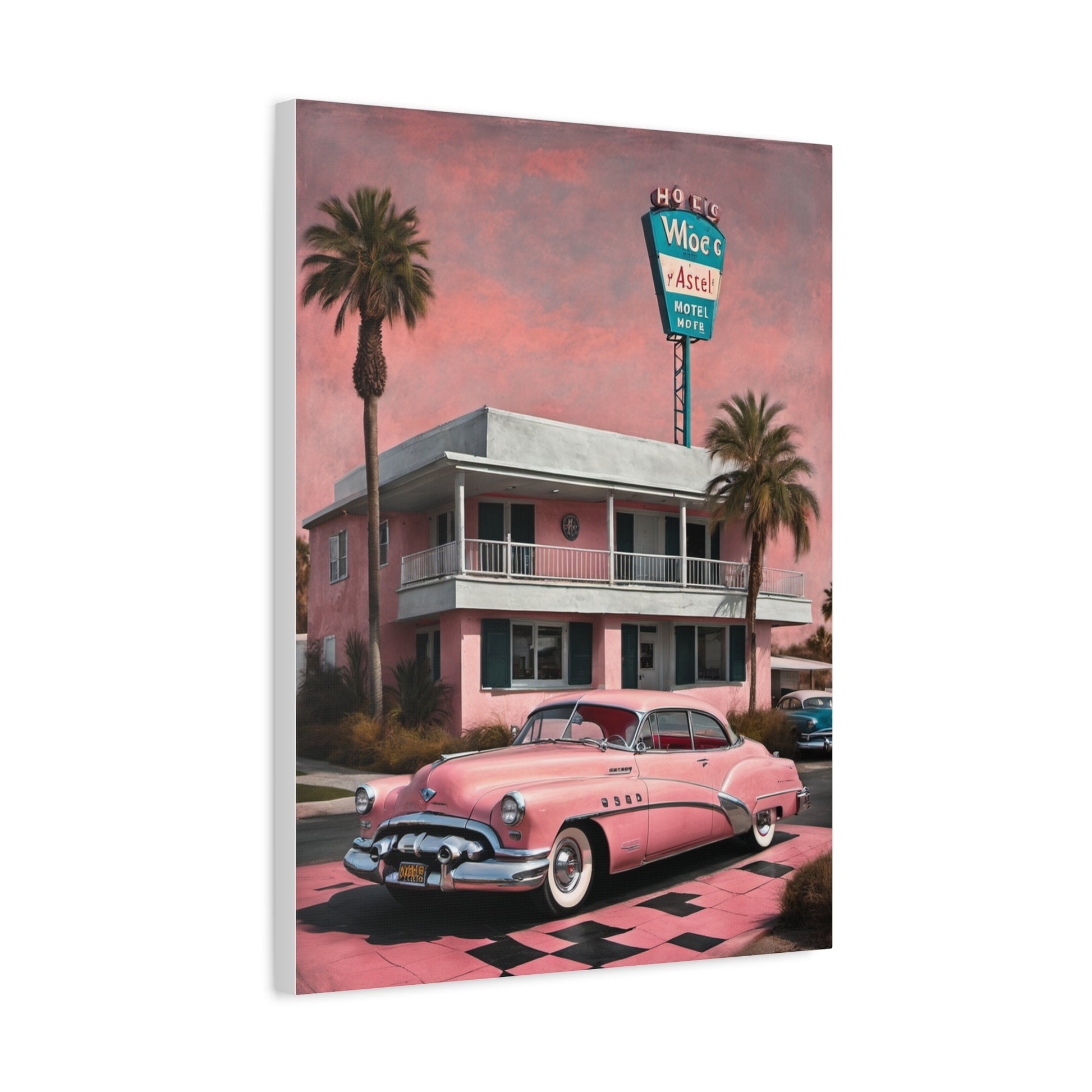 Vintage Retro Canvas Art Print featuring a pink classic car and a retro hotel with palm trees