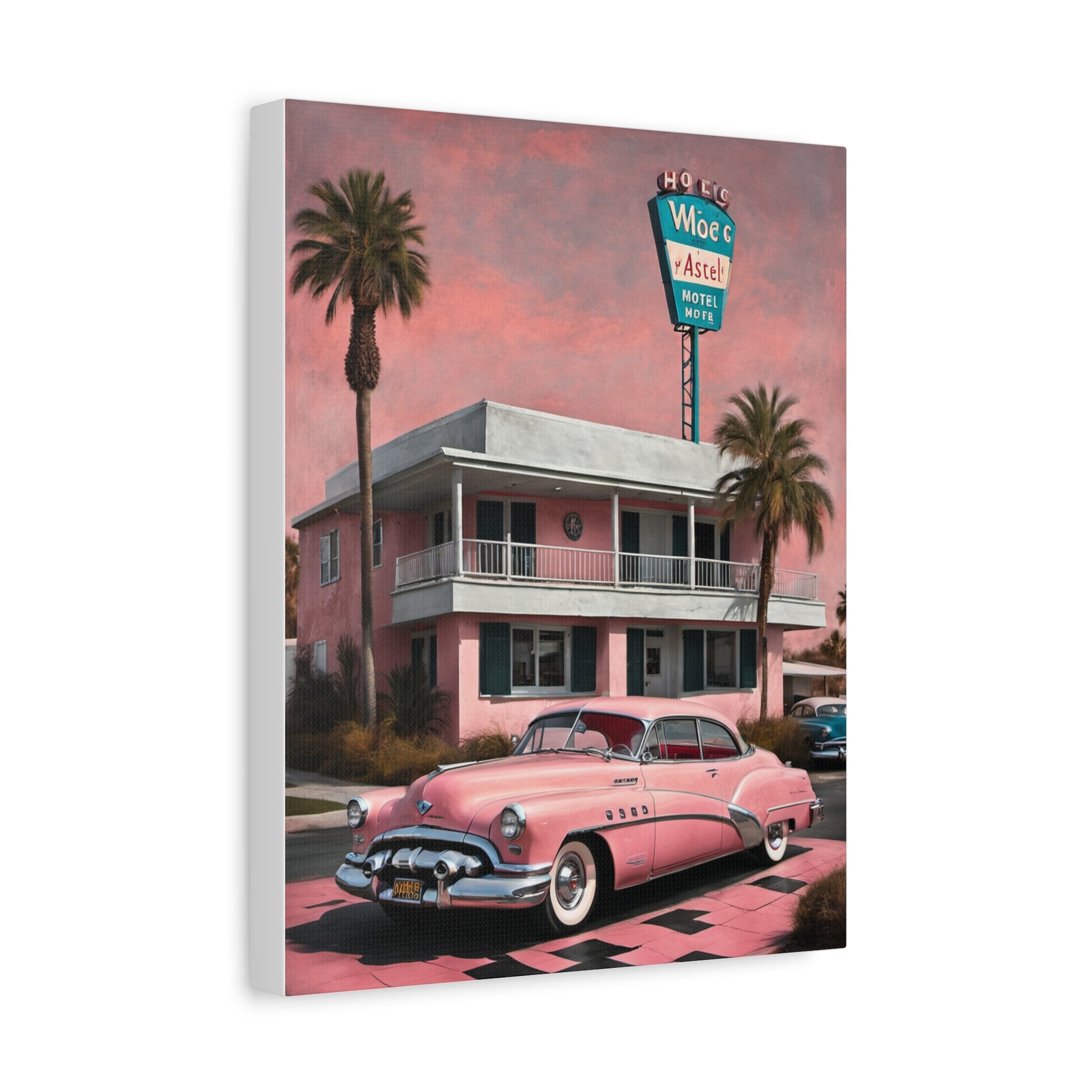 Vintage Retro Canvas Art Print featuring a classic pink car and a mid-century hotel with palm trees