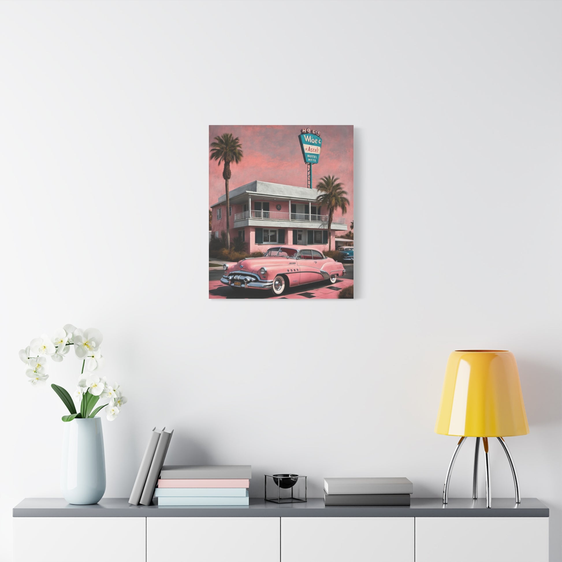 Vintage Retro Canvas Art Print featuring a pink classic car in front of a retro house