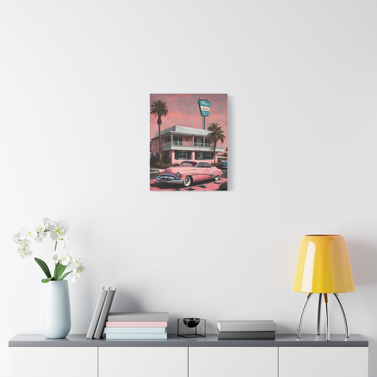 Vintage Retro Canvas Art Print featuring a classic car and a retro hotel setting