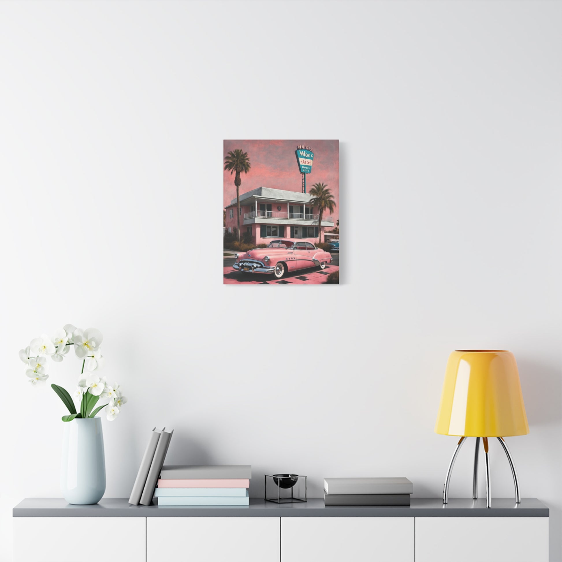 Vintage Retro Canvas Art Print featuring a classic car and a retro hotel setting