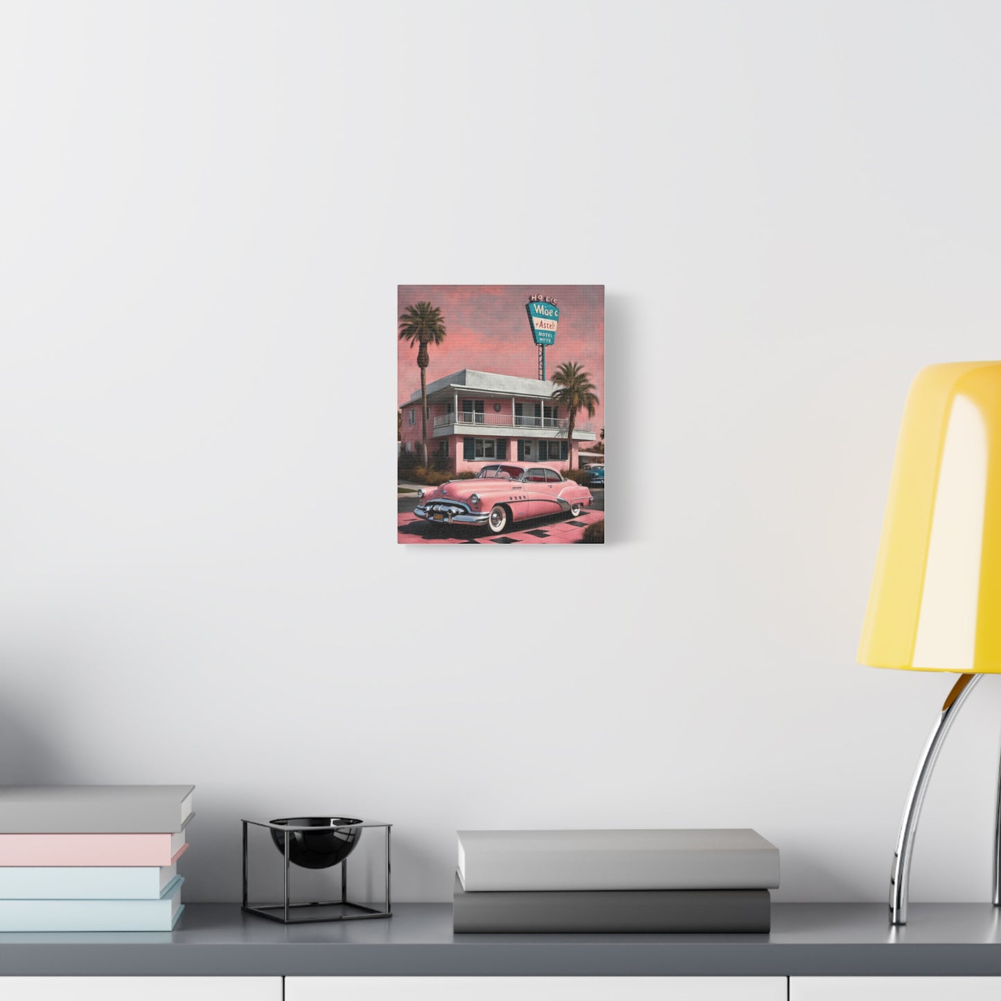 Vintage Retro Canvas Art Print featuring a classic car and pastel-colored building in a stylish setting