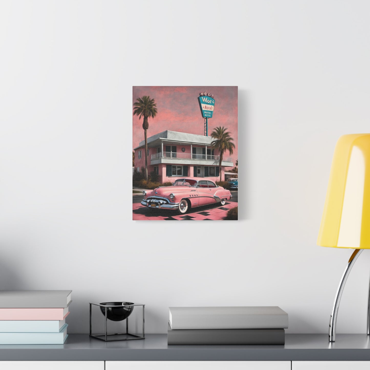 Vintage Retro Canvas Art Print featuring a pink classic car and palm trees in a nostalgic setting