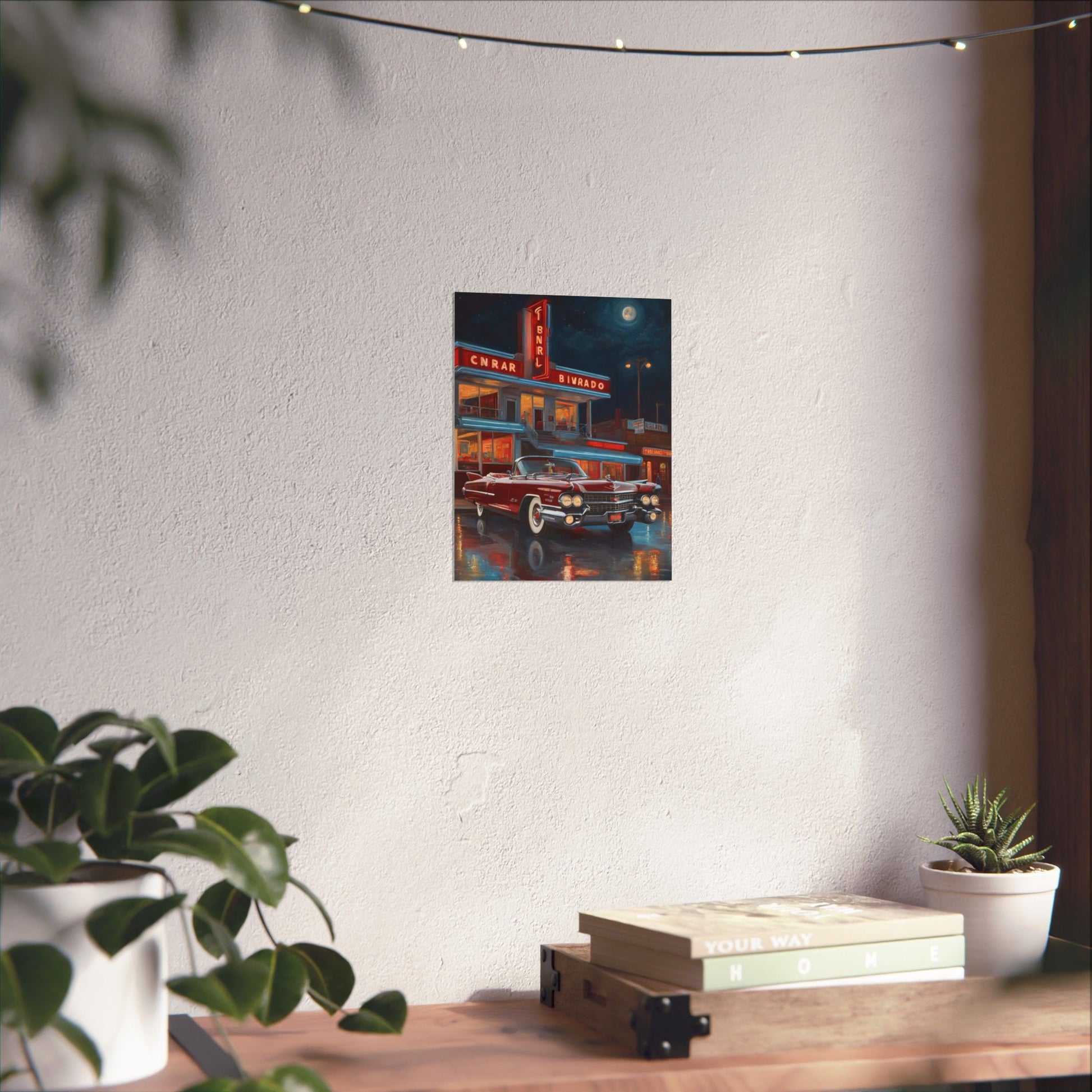 Retro Car Art Prints showcasing a vibrant diner scene with classic cars and neon lights