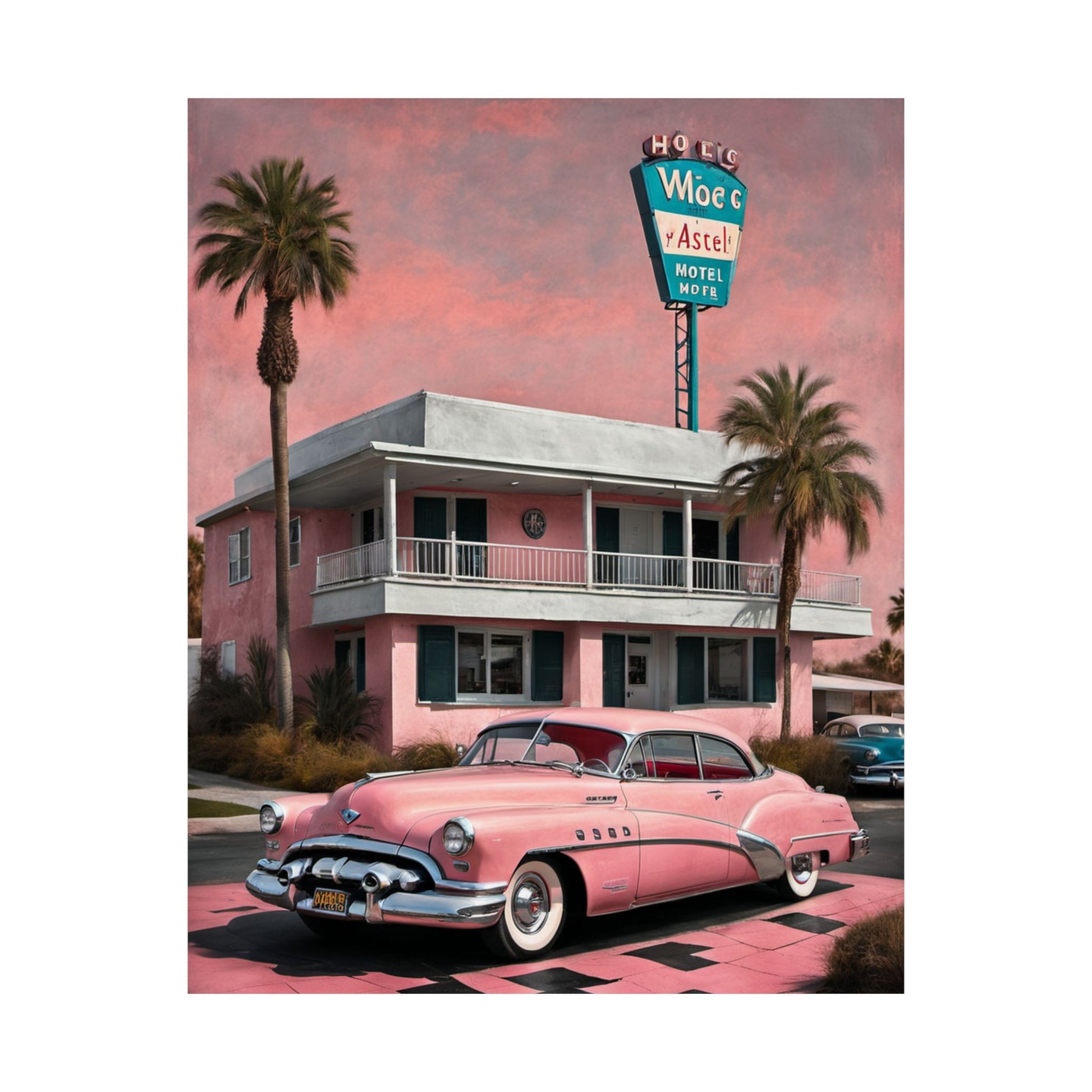 Vintage Retro Travel Poster featuring a pink classic car parked outside a pastel hotel with palm trees
