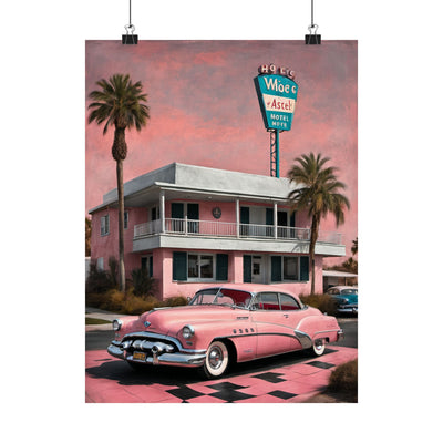 Vintage Retro Travel Poster featuring a pink classic car outside a hotel with palm trees