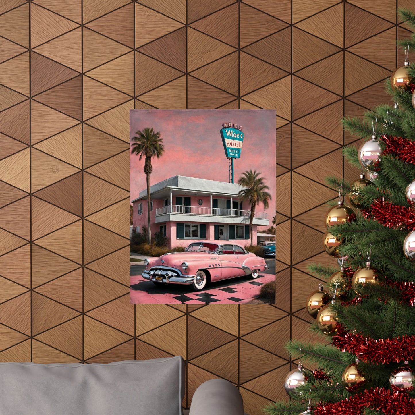 Vintage Retro Travel Poster featuring a classic pink car and palm trees by a retro motel