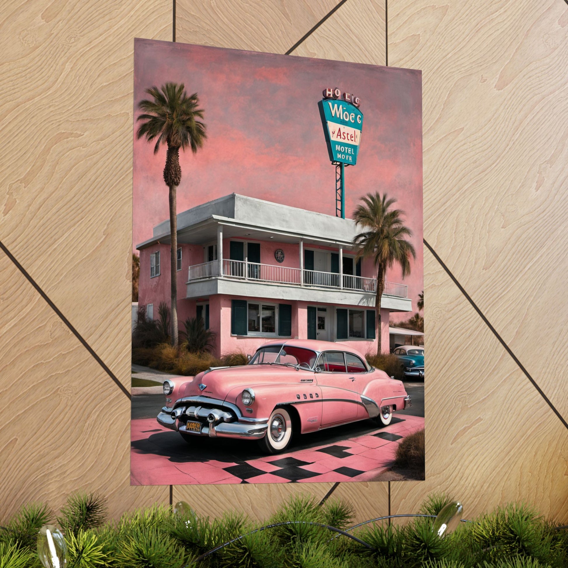 Vintage Retro Travel Poster showcasing a classic pink car in front of a pastel hotel with palm trees