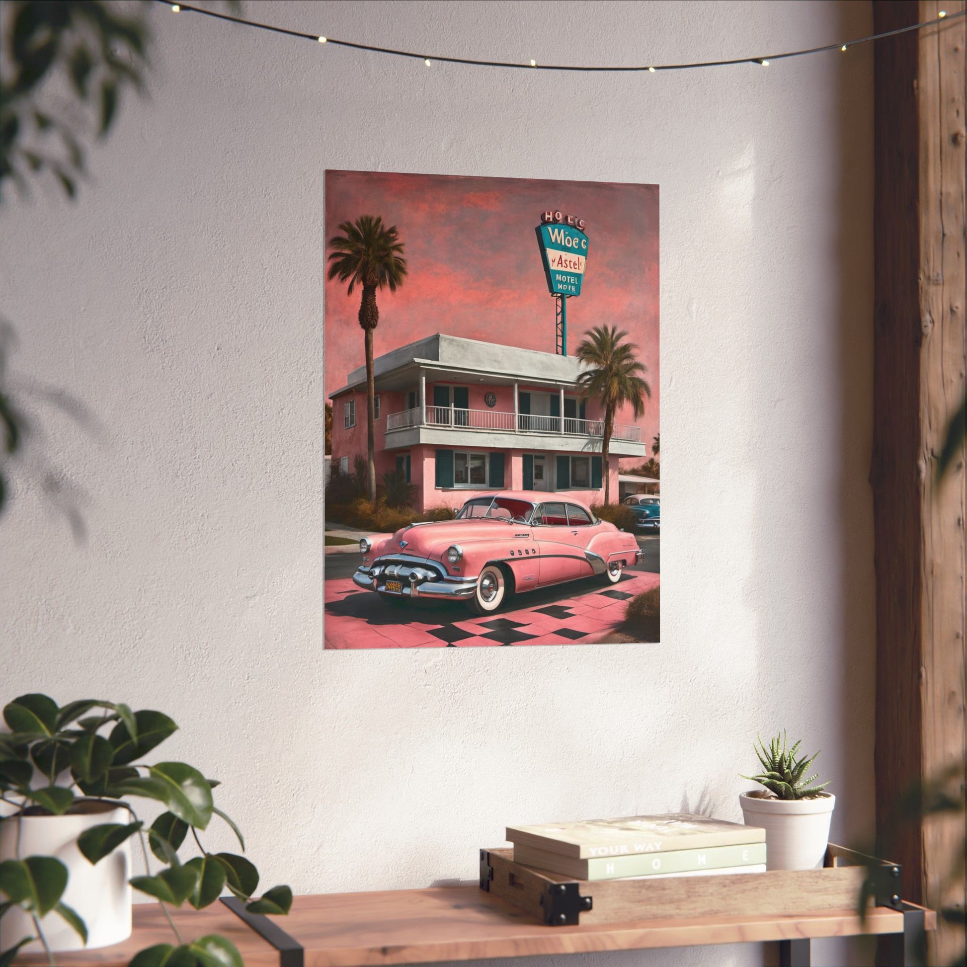 Vintage Retro Travel Poster featuring a classic pink car parked in front of a tropical diner