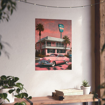 Vintage Retro Travel Poster featuring a classic pink car parked in front of a tropical diner