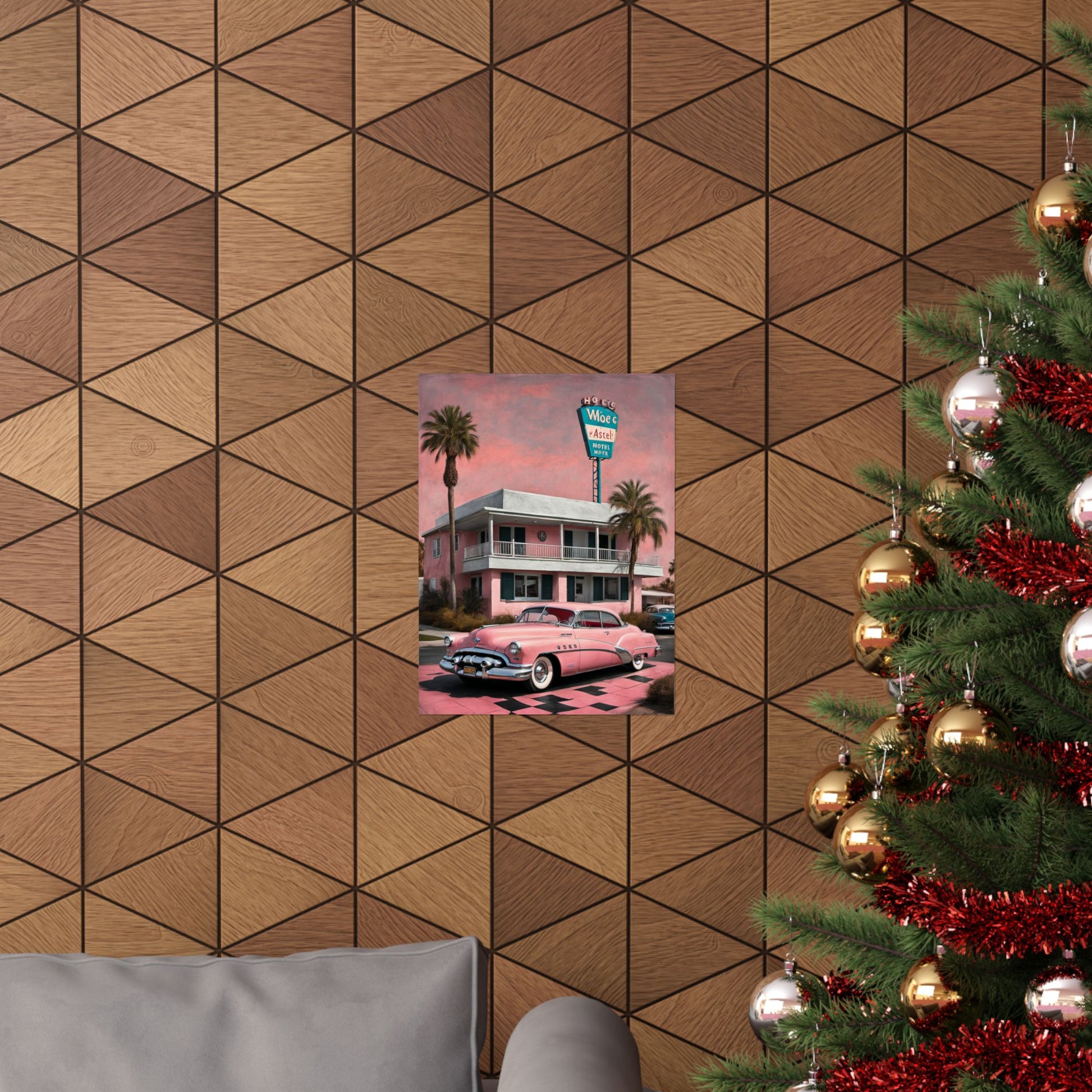 Vintage Retro Travel Poster featuring a pink classic car and palm trees on a geometric wall background