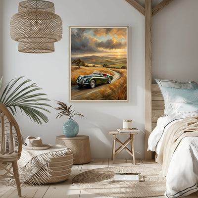 Vintage roadster oil painting by AquilVision displayed in a cozy modern bedroom with natural decor