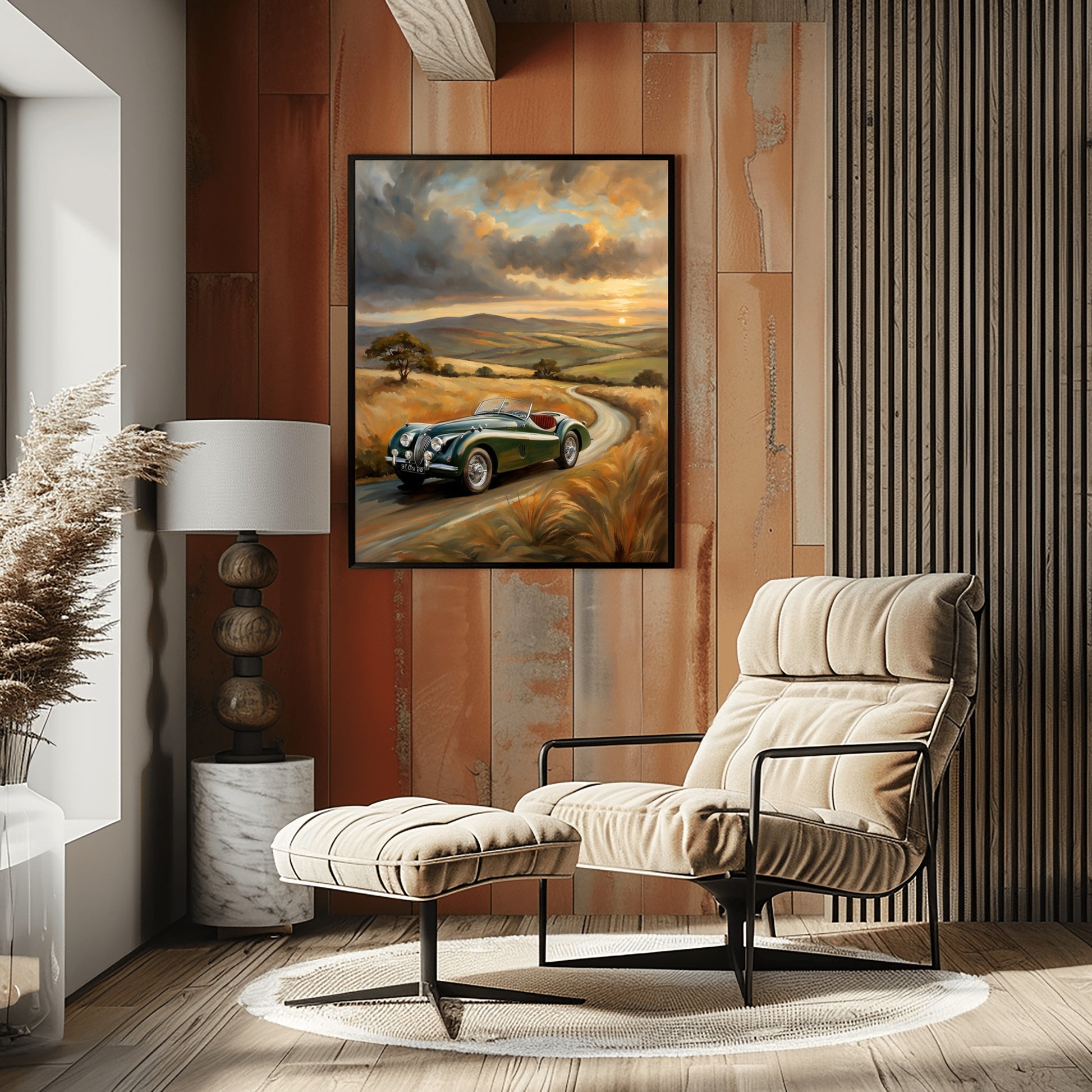Vintage roadster oil painting by AquilVision displayed in modern cozy living room with armchair and lamp