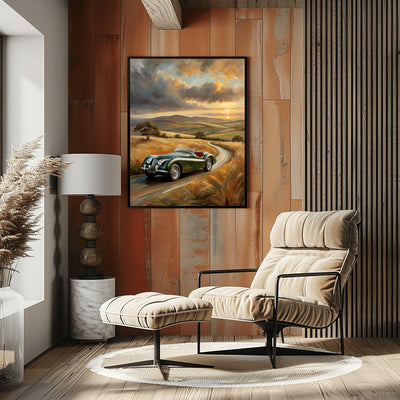 Vintage roadster oil painting by AquilVision displayed in modern cozy living room with armchair and lamp